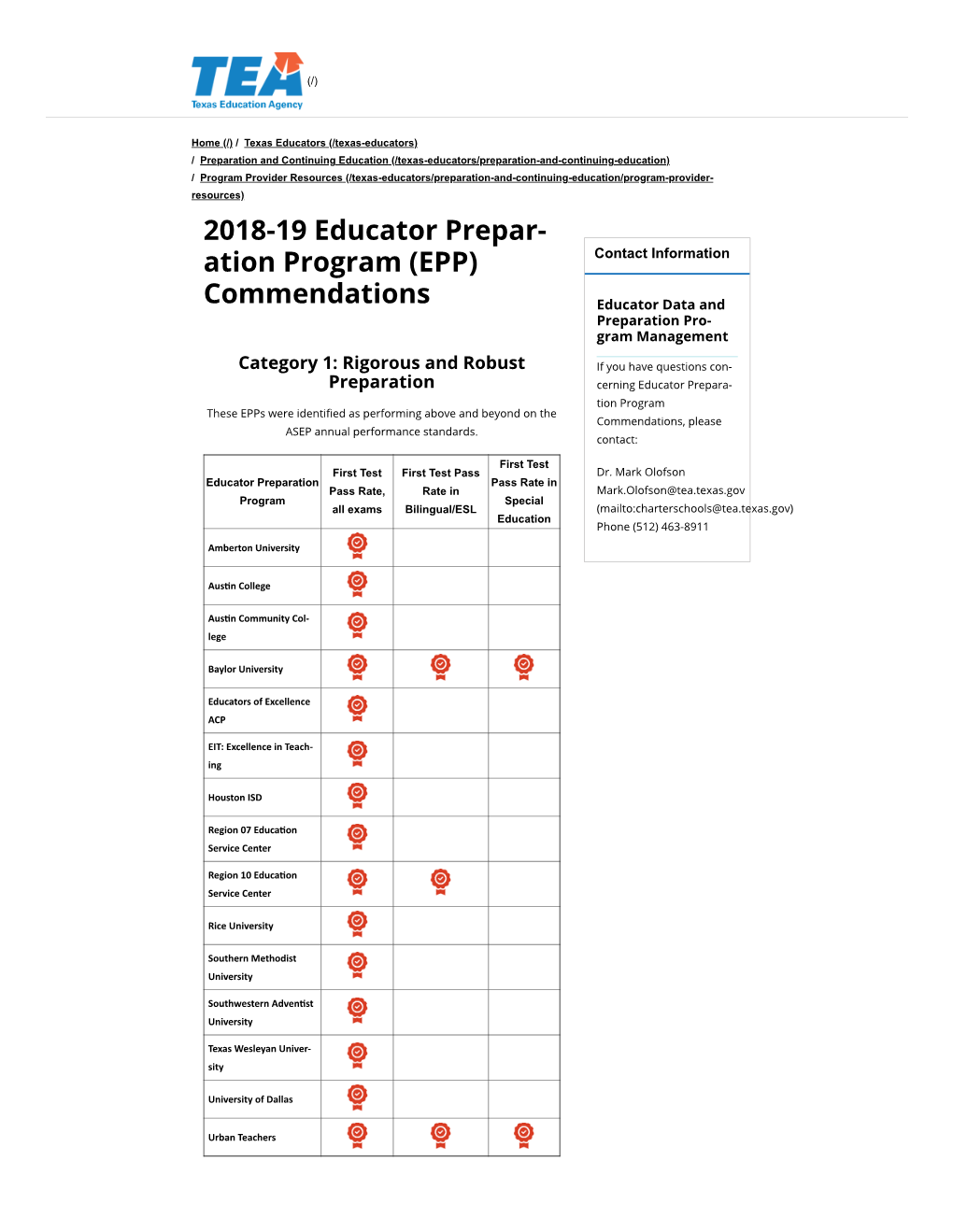2018-19 Educator Prepar- Ation Program (EPP) Commendations