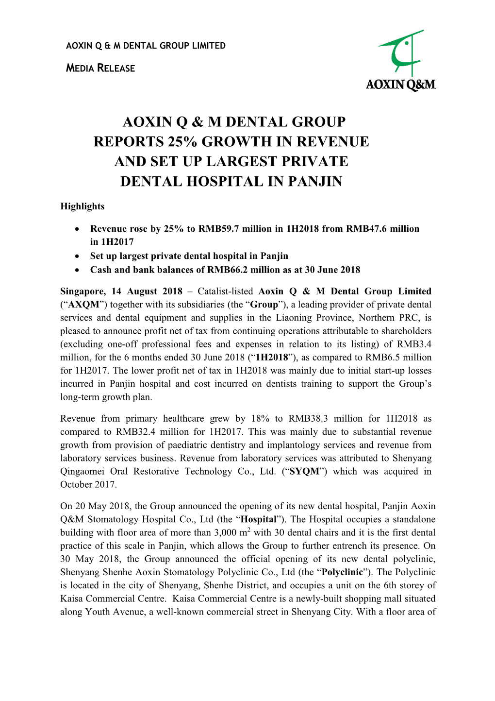 Aoxin Q & M Dental Group Reports 25% Growth In