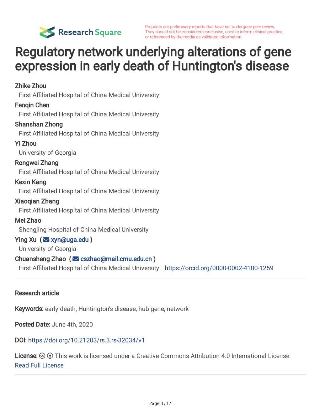 Regulatory Network Underlying Alterations of Gene Expression in Early Death of Huntington's Disease