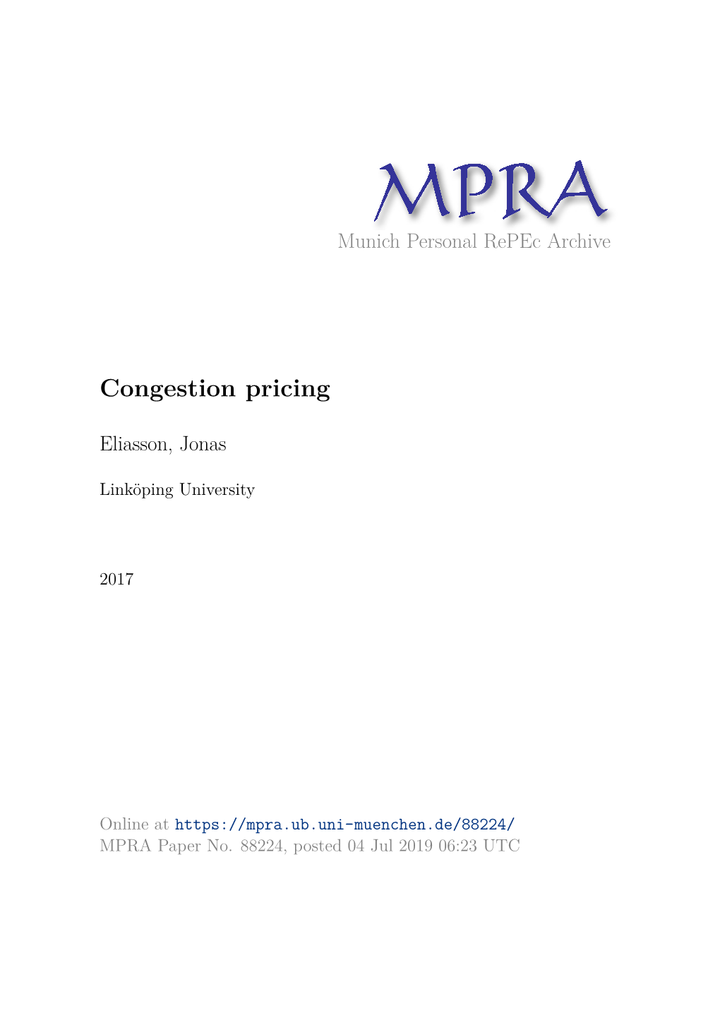 Eliasson Congestion Pricing Chapter