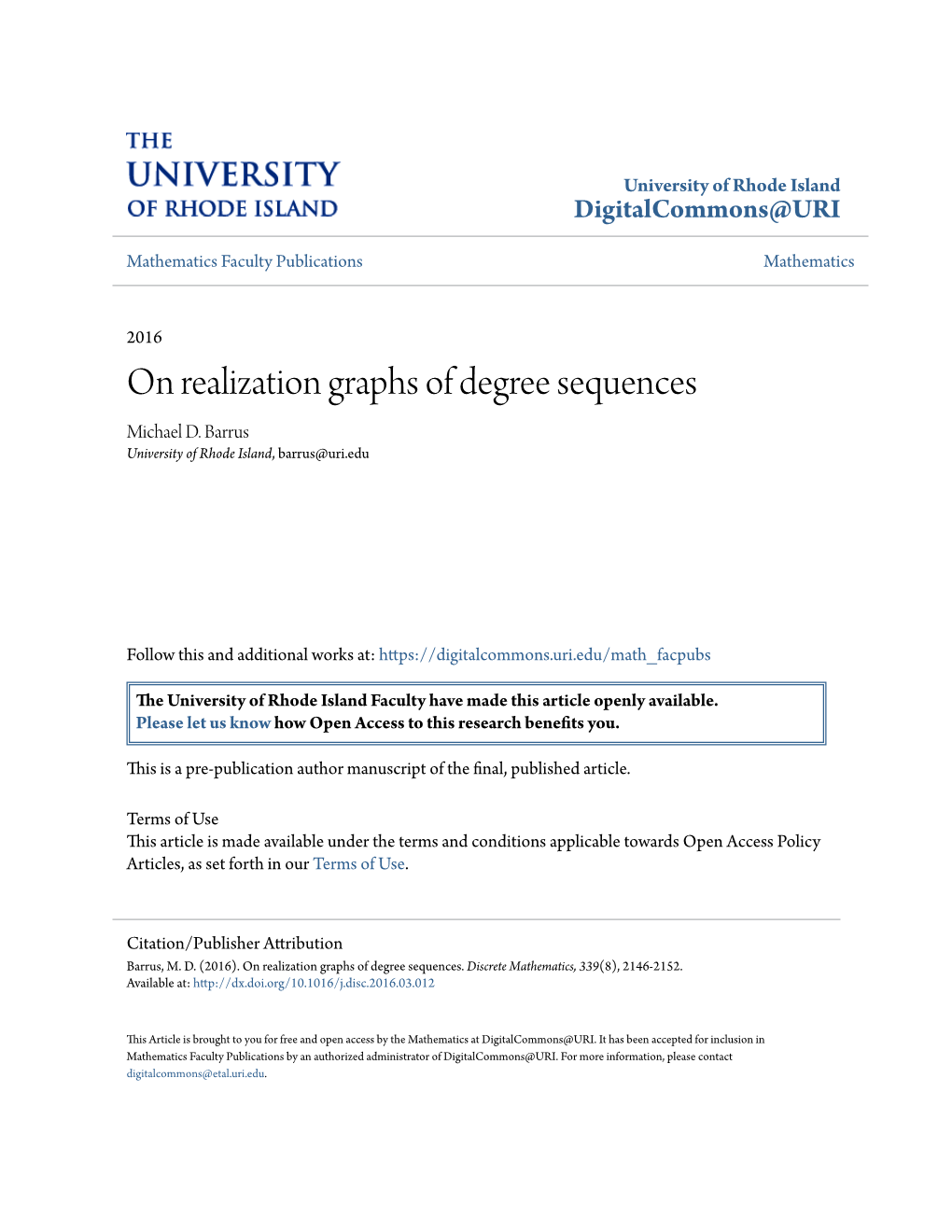 On Realization Graphs of Degree Sequences Michael D
