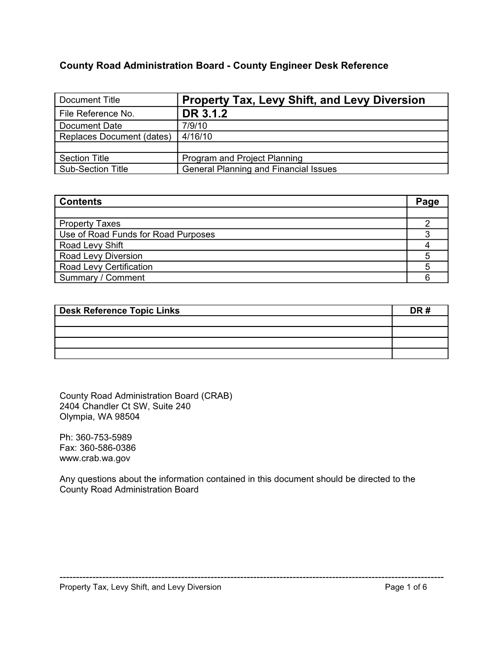 County Road Administration Board - County Engineer Desk Reference