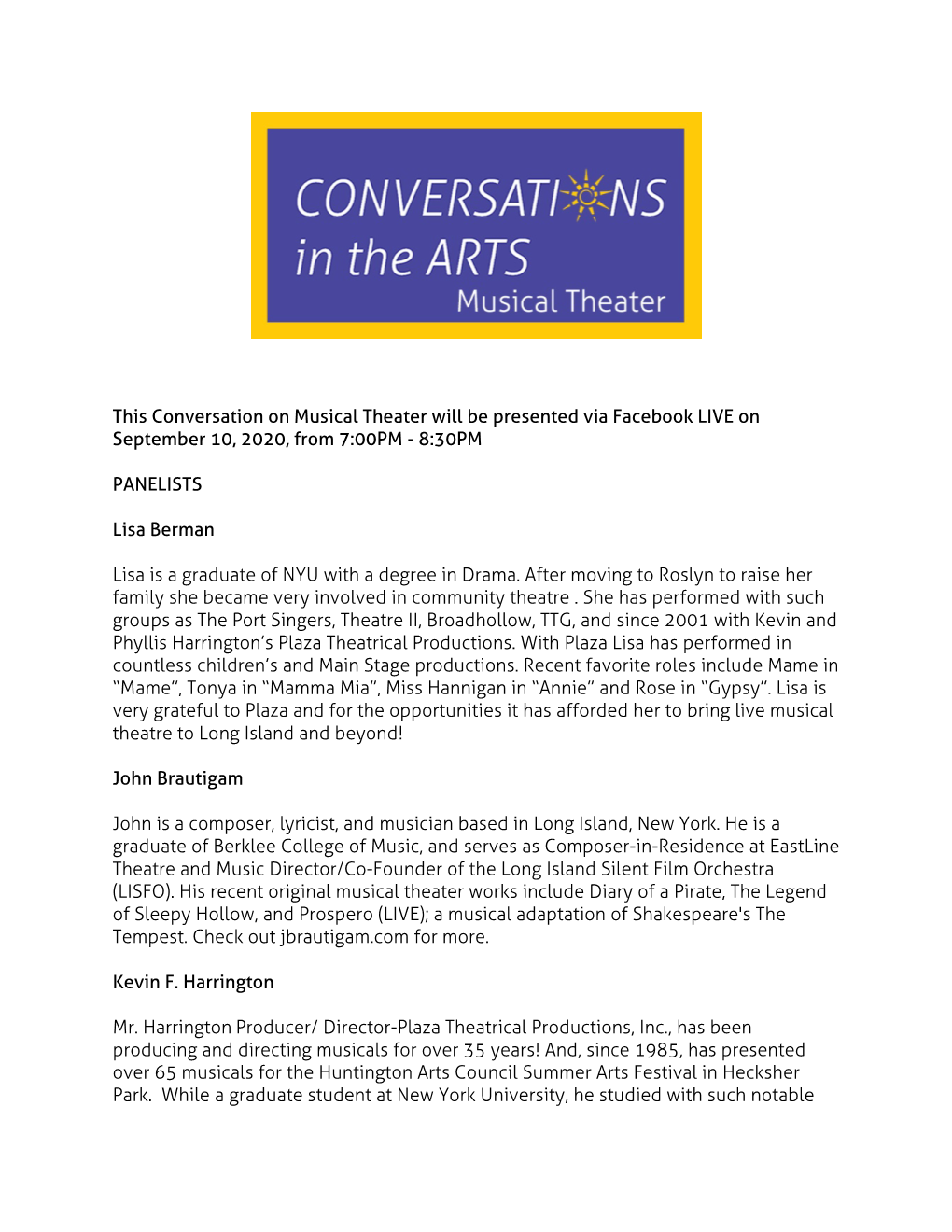 This Conversation on Musical Theater Will Be Presented Via Facebook LIVE on September 10, 2020, from 7:00PM - 8:30PM