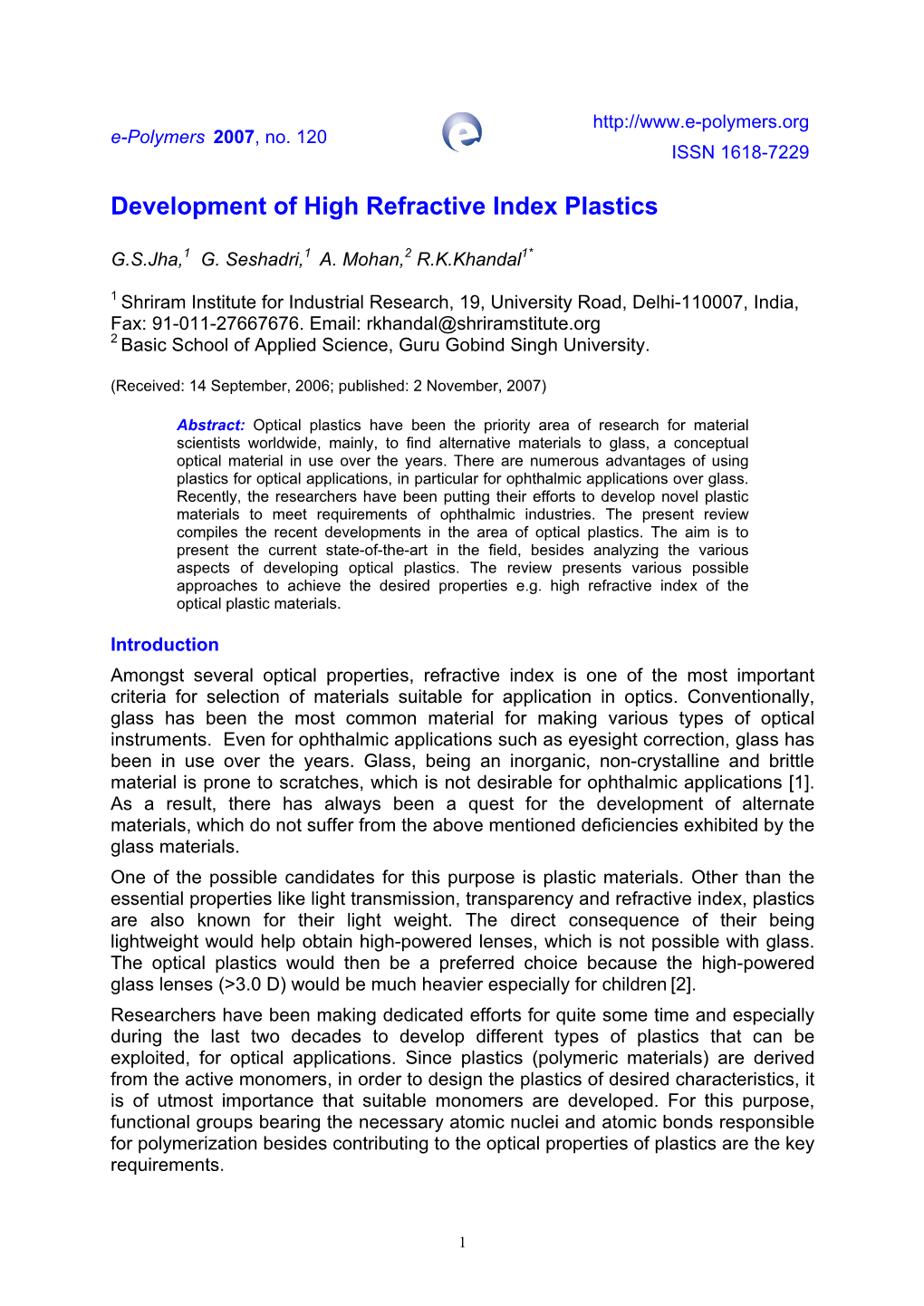 Development of High Refractive Index Plastics