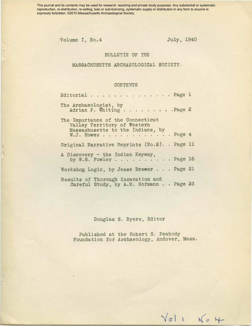 Bulletin of the Massachusetts Archaeological Society, Vol. 1, No