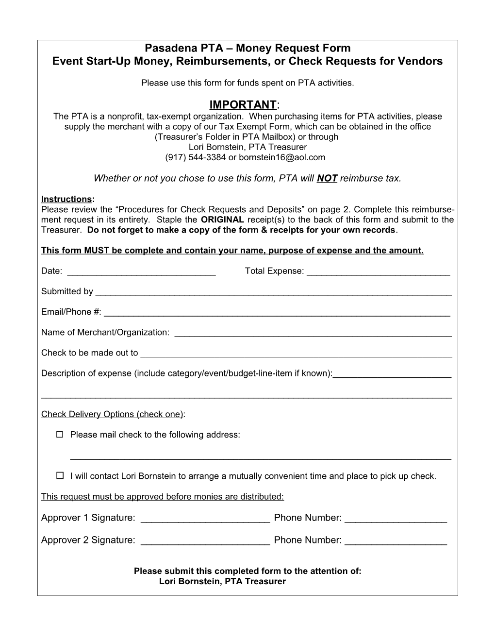 Pasadena PTA Money Request Form