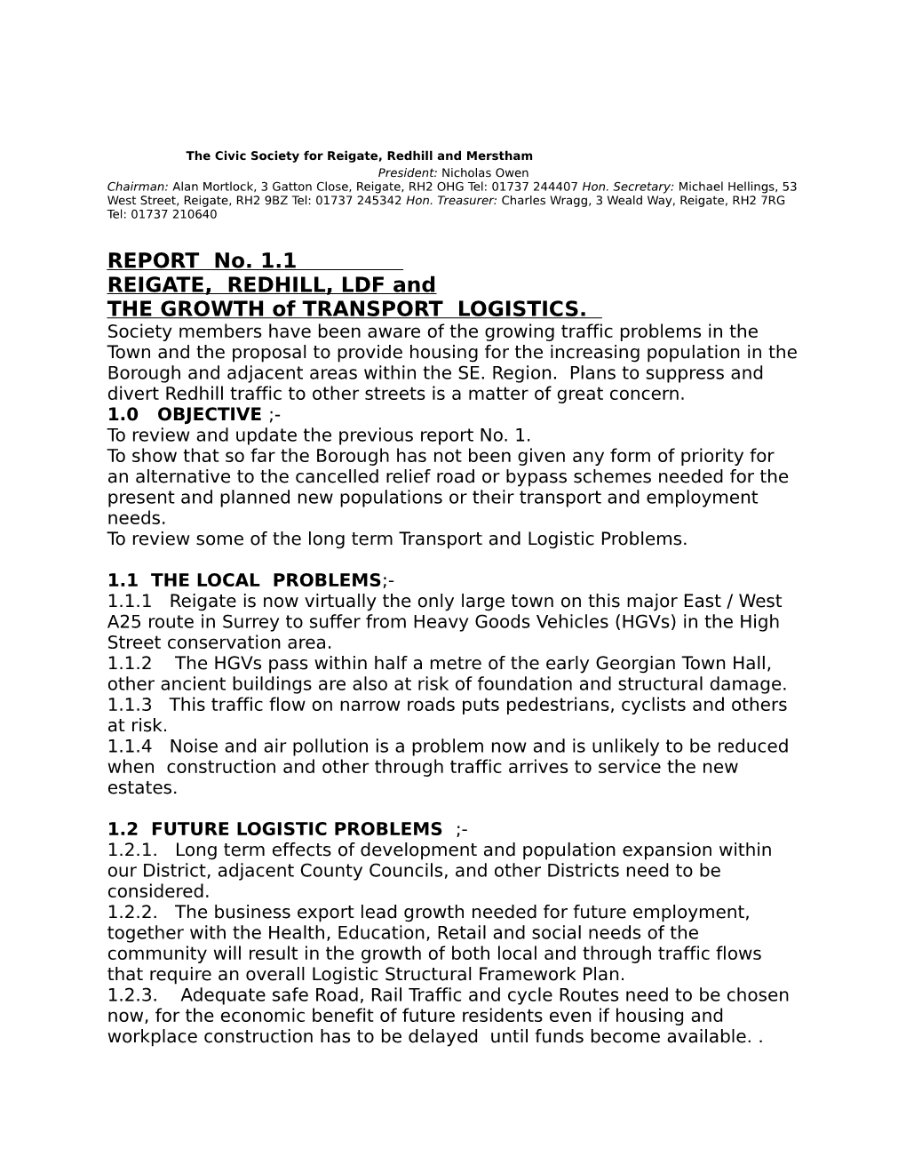 REPORT No. 1.1 REIGATE, REDHILL, LDF and the GROWTH of TRANSPORT LOGISTICS