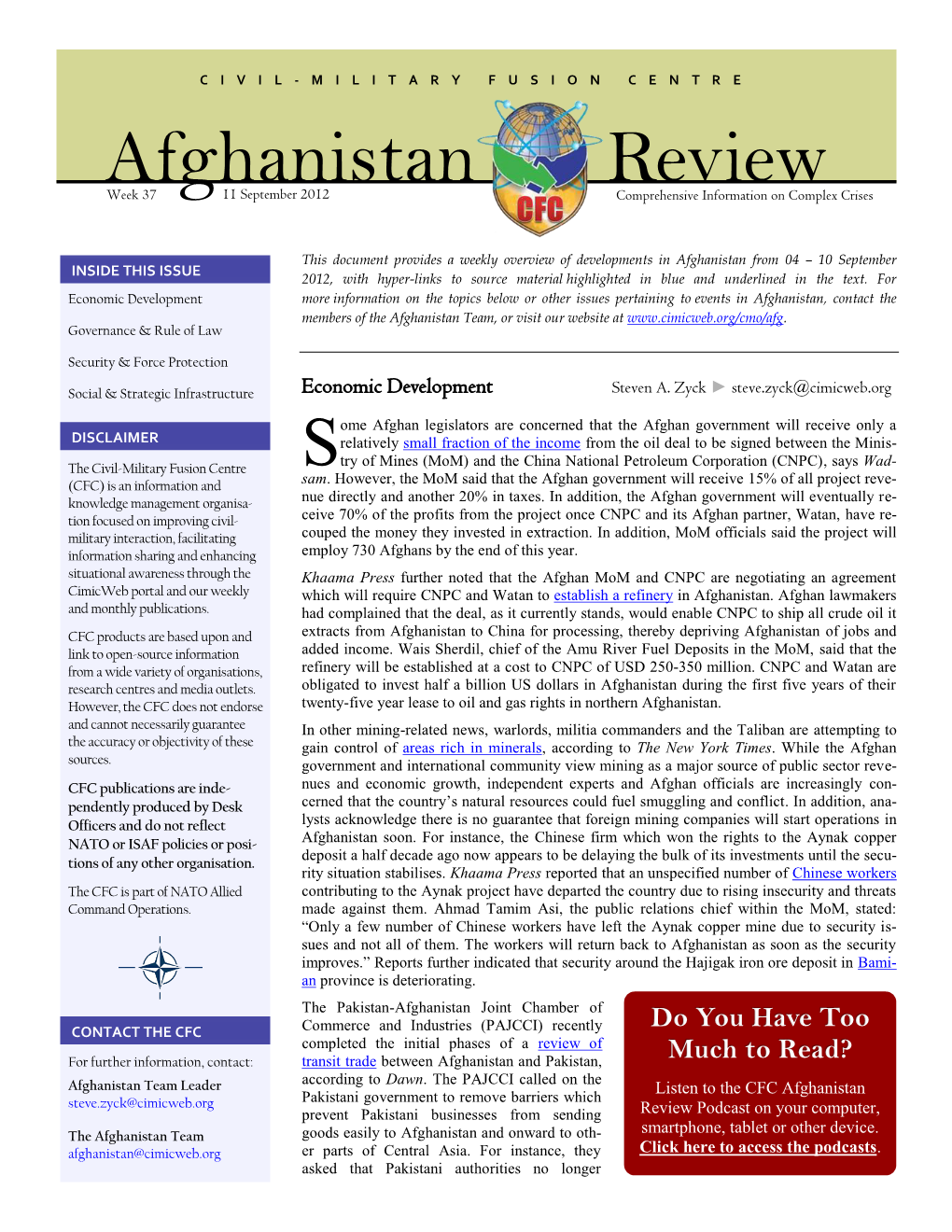 Afghanistan Review, 11 September 2012