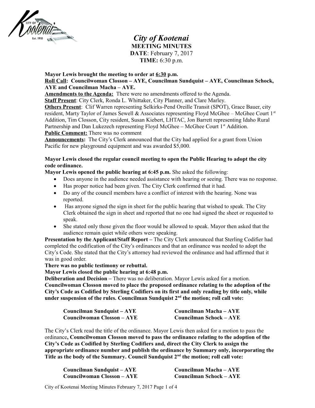 City of Kootenai Meeting Minutes