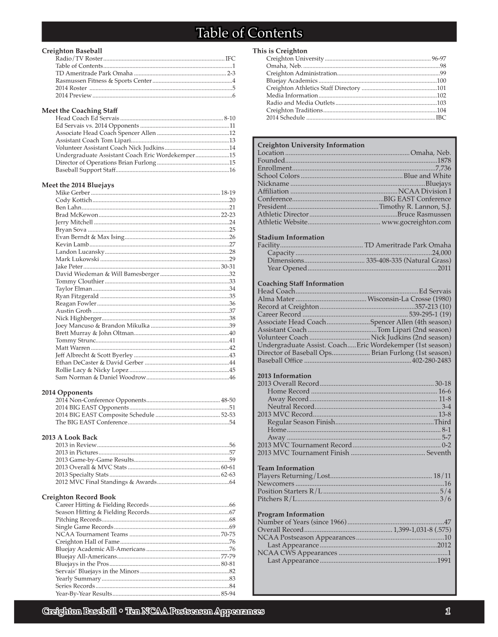 Table of Contents Creighton Baseball This Is Creighton Radio/TV Roster