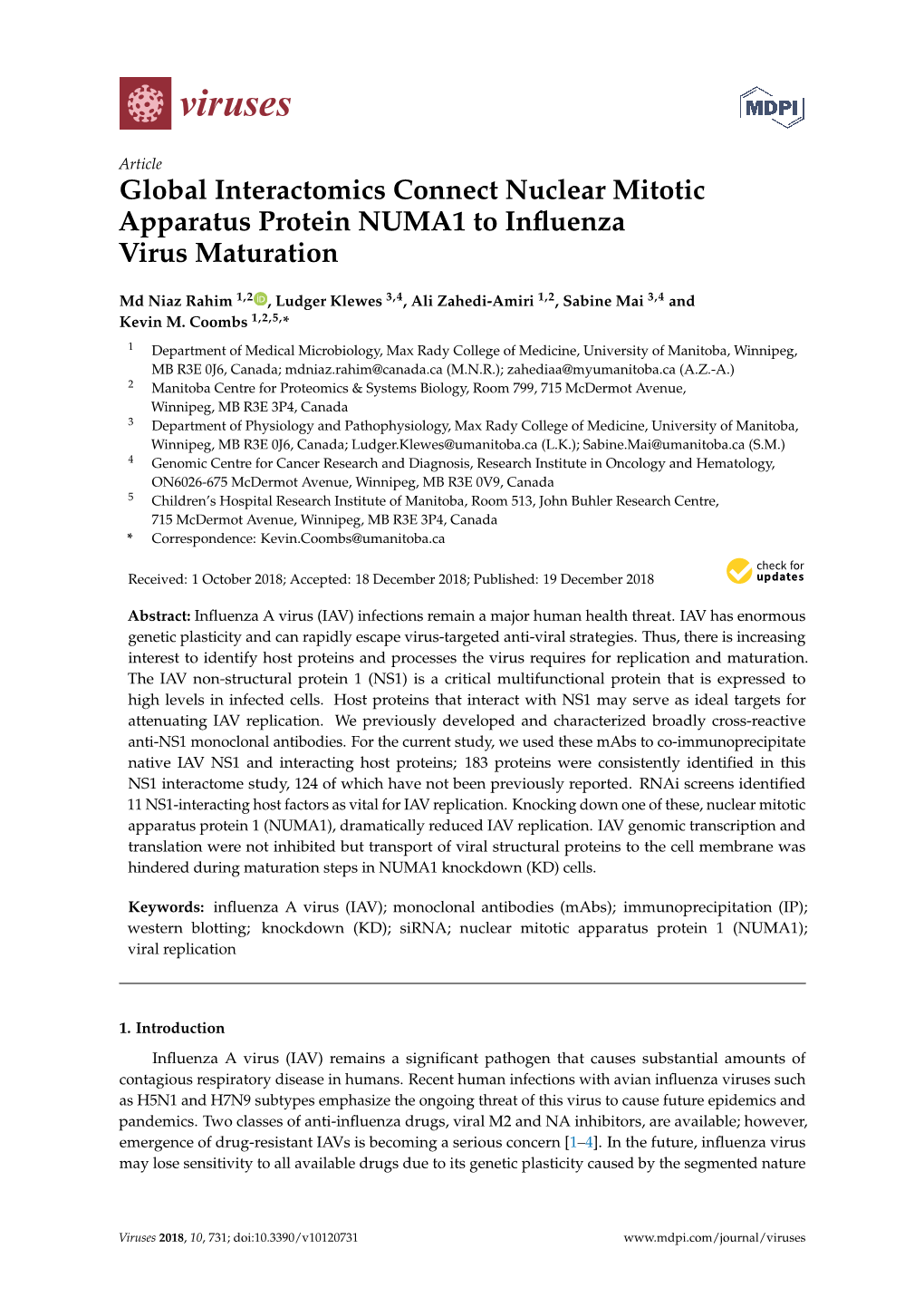 Global Interactomics Connect Nuclear Mitotic Apparatus Protein NUMA1 to Inﬂuenza Virus Maturation
