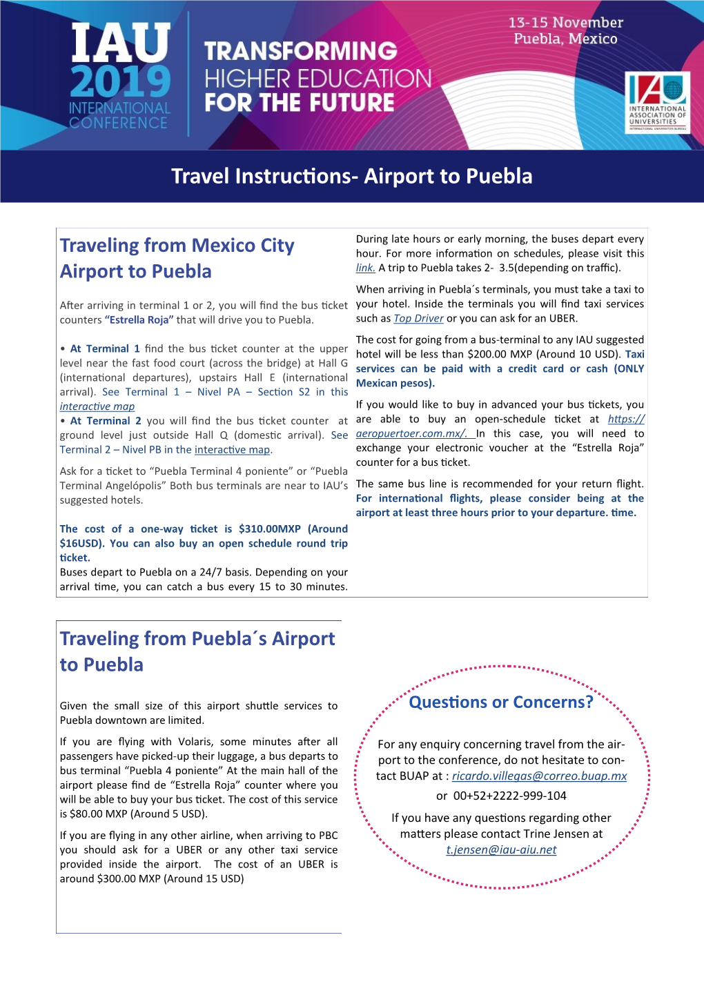 Travel Instructions- Airport to Puebla