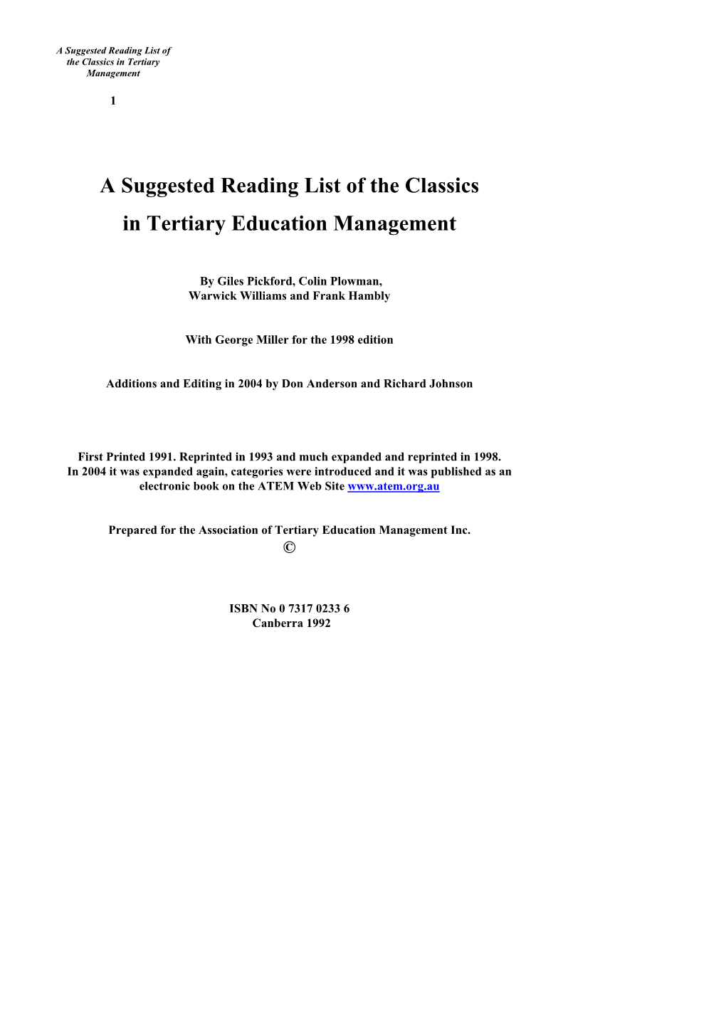 A Suggested Reading List of the Classics in Tertiary Education Management