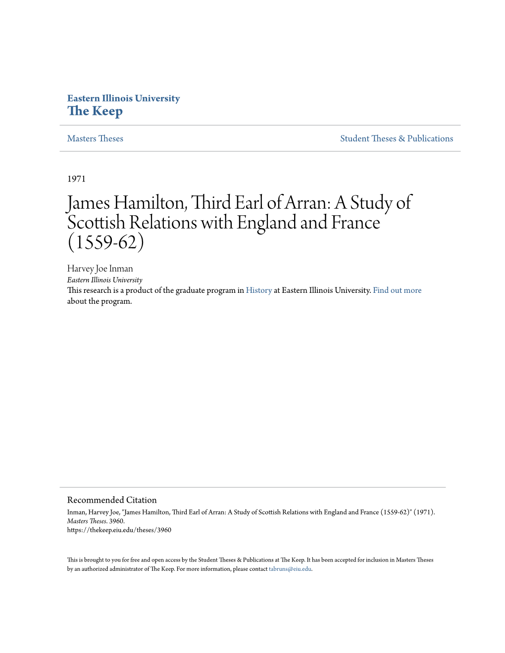 James Hamilton, Third Earl of Arran: a Study of Scottish Relations with England and France