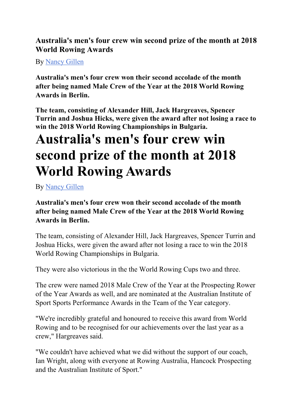 Australia's Men's Four Crew Win Second Prize of the Month at 2018 World Rowing Awards by Nancy Gillen