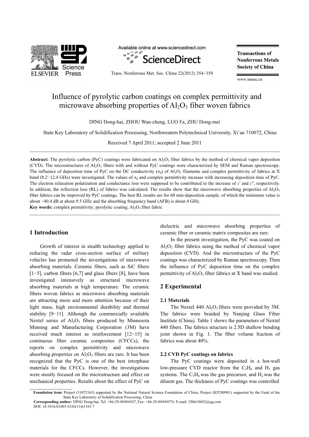 Influence of Pyrolytic Carbon Coatings on Complex Permittivity and Microwave Absorbing Properties of Al2o3 Fiber Woven Fabrics