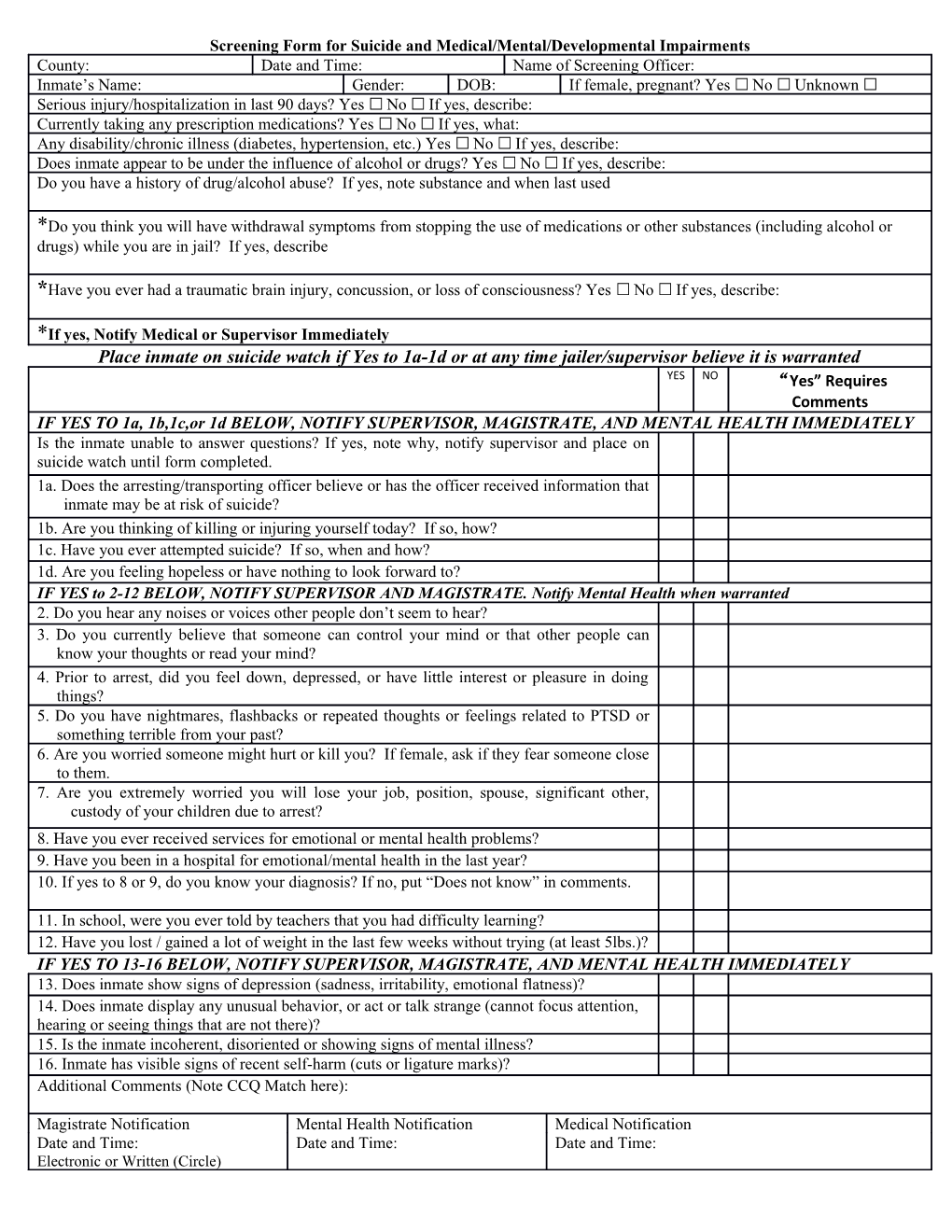 Screening Form for Suicide and Medical/Mental/Developmental Impairments