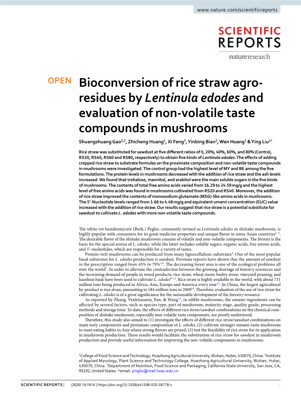 Bioconversion of Rice Straw Agro-Residues by Lentinula Edodes