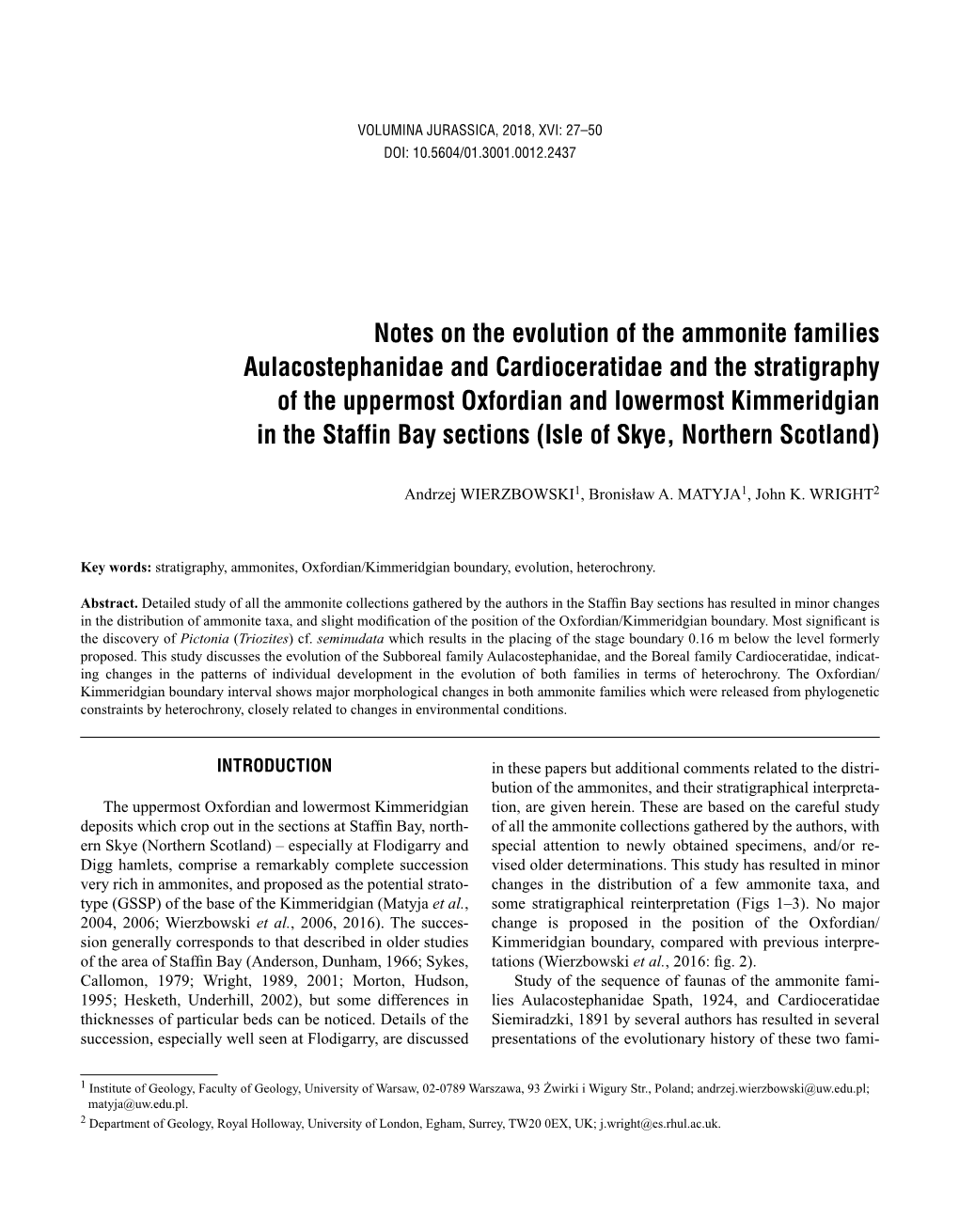 Notes on the Evolution of the Ammonite Families Aulacostephanidae and Cardioceratidae and the Stratigraphy of the Uppermost Oxfo