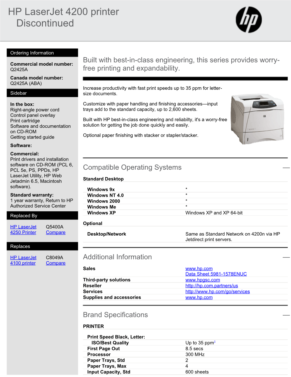 HP Laserjet 4200 Printer ​​Discontinued