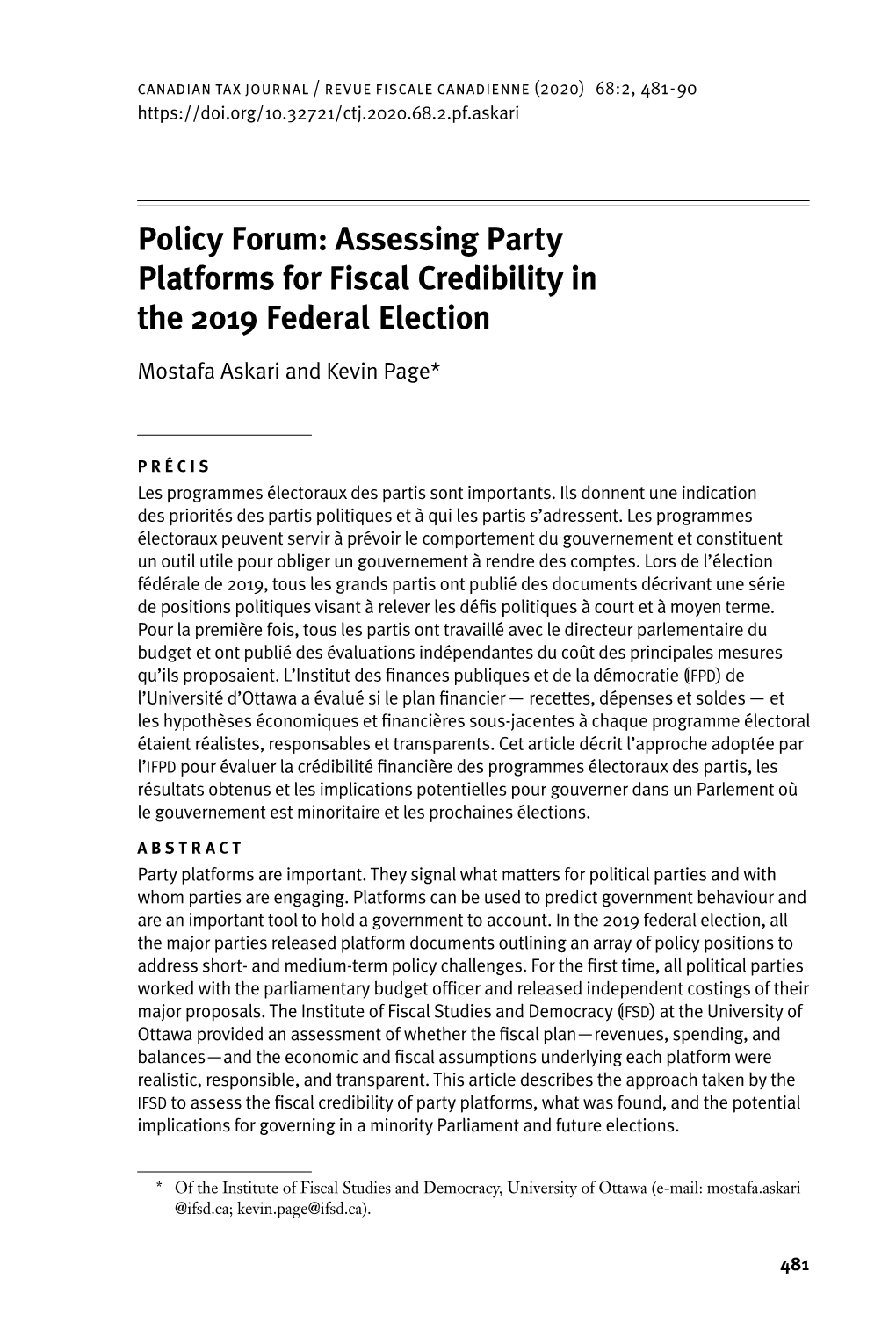 Policy Forum: Assessing Party Platforms for Fiscal Credibility in the 2019 Federal Election