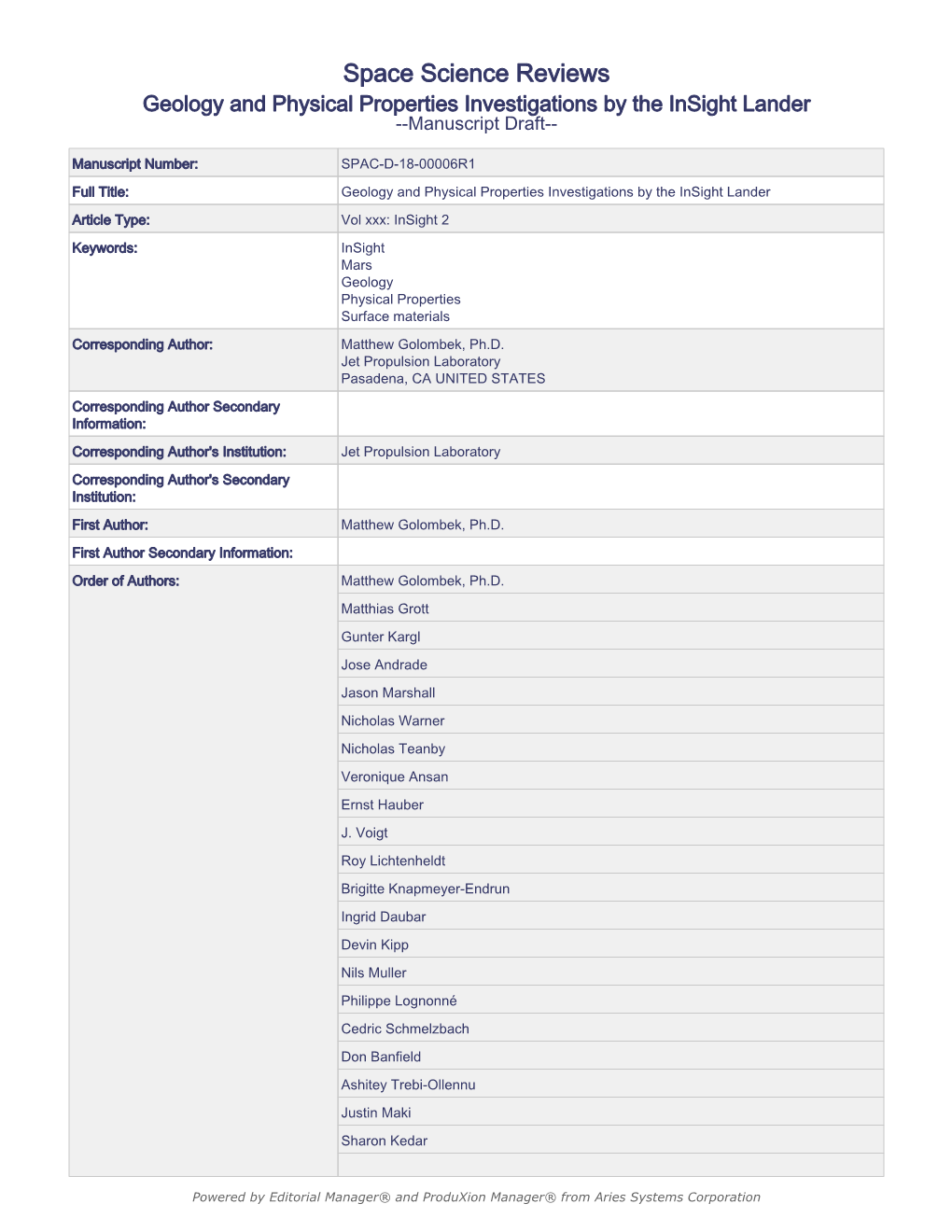 Space Science Reviews, Pre-Landing Insight Issue, January 25, 2018