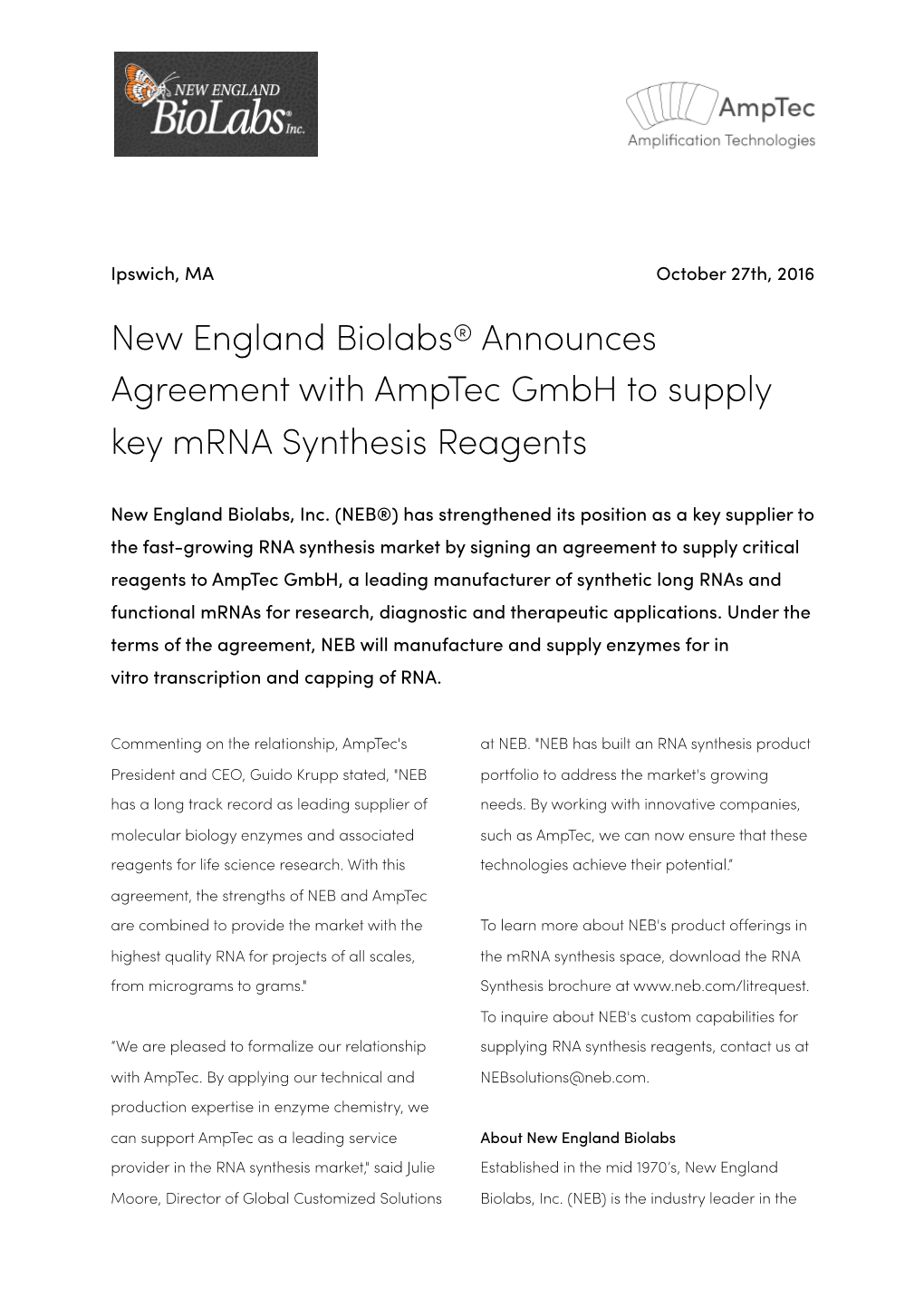 New England Biolabs® Announces Agreement with Amptec Gmbh to Supply Key Mrna Synthesis Reagents