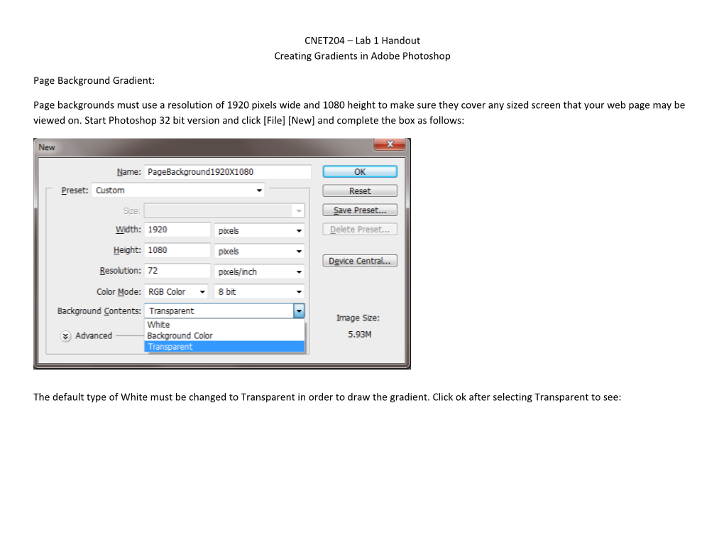 CNET204 Lab 1 Handout Creating Gradients in Adobe Photoshop