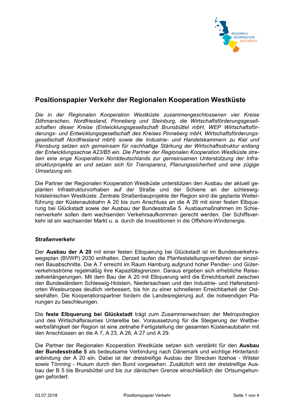 Positionspapier Verkehr Der Regionalen Kooperation Westküste