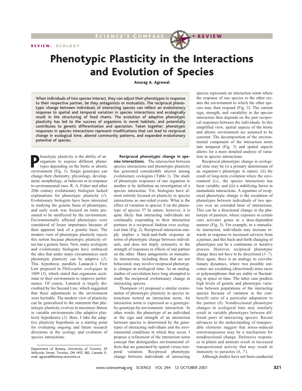 Phenotypic Plasticity in the Interactions and Evolution of Species Anurag A