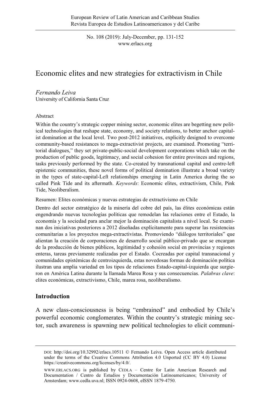 Economic Elites and New Strategies for Extractivism in Chile