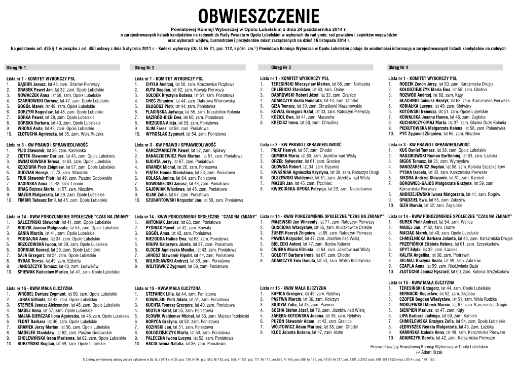 OBWIESZCZENIE Powiatowej Komisji Wyborczej W Opolu Lubelskim Z Dnia 24 Października 2014 R