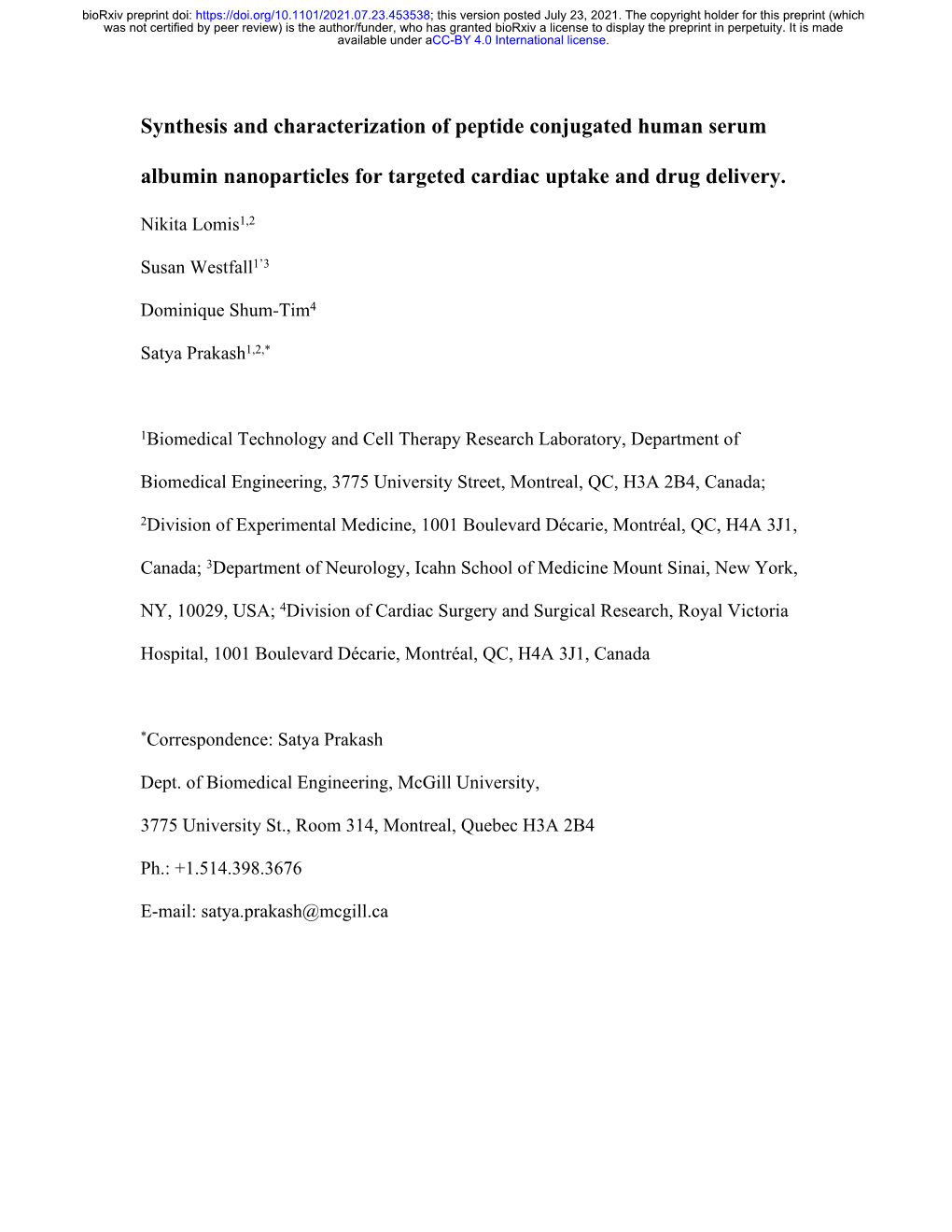 Synthesis and Characterization of Peptide Conjugated Human Serum Albumin Nanoparticles for Targeted Cardiac Uptake and Drug Deli