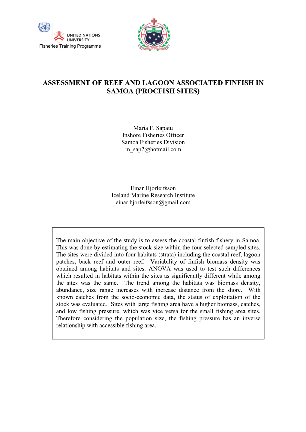 Assessment of Reef and Lagoon Associated Finfish in Samoa (Procfish Sites)