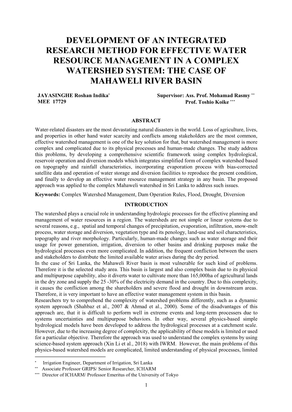 Development of an Integrated Research Method for Effective Water Resource Management in a Complex Watershed System: the Case of Mahaweli River Basin