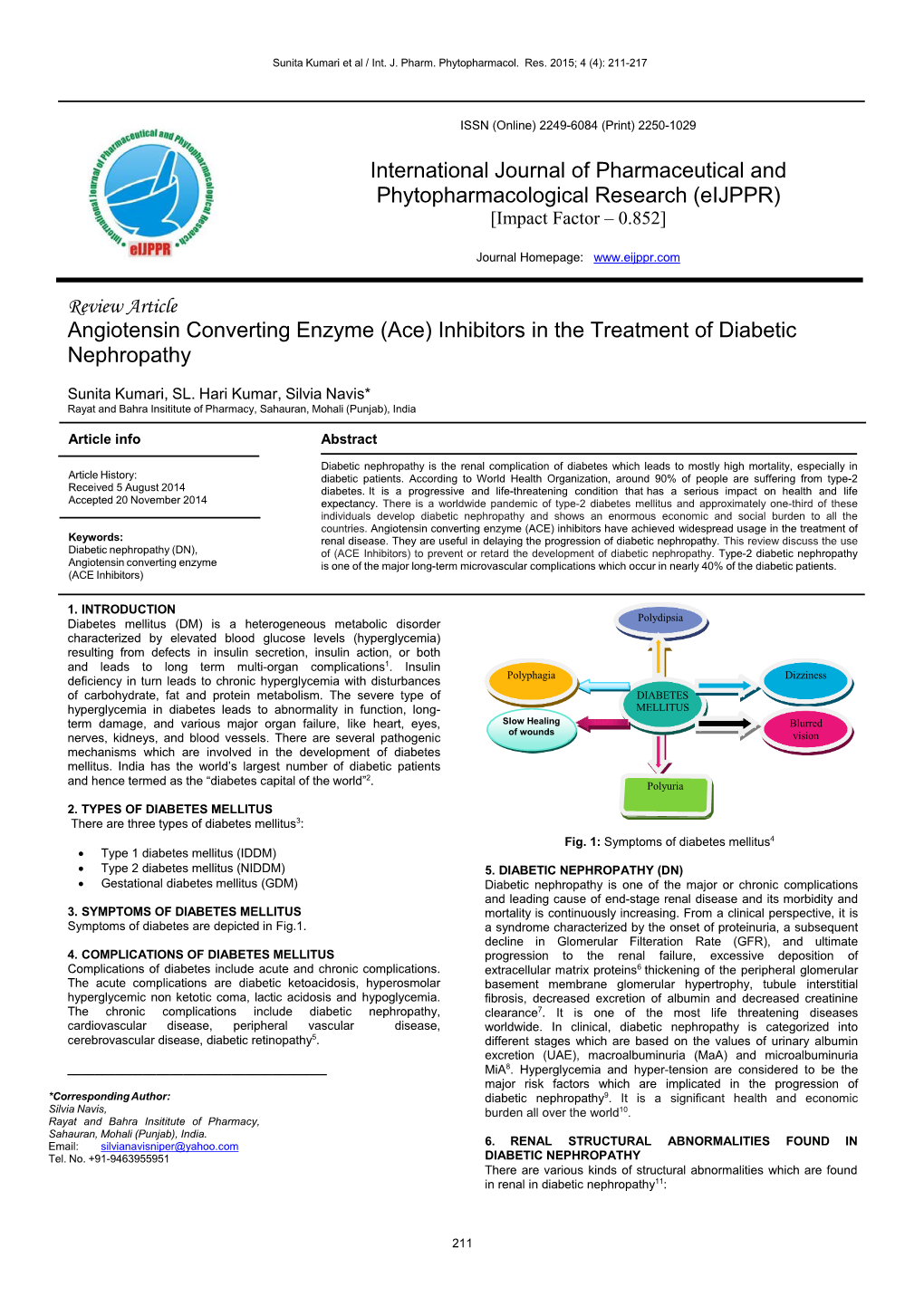 Review Article Angiotensin Converting Enzyme (Ace) Inhibitors in the Treatment of Diabetic Nephropathy