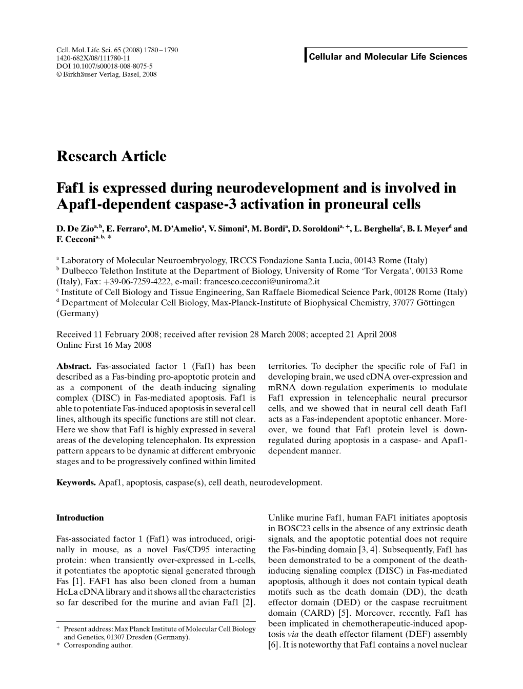 Faf1 Is Expressed During Neurodevelopment and Is Involved in Apaf1-Dependent Caspase-3 Activation in Proneural Cells