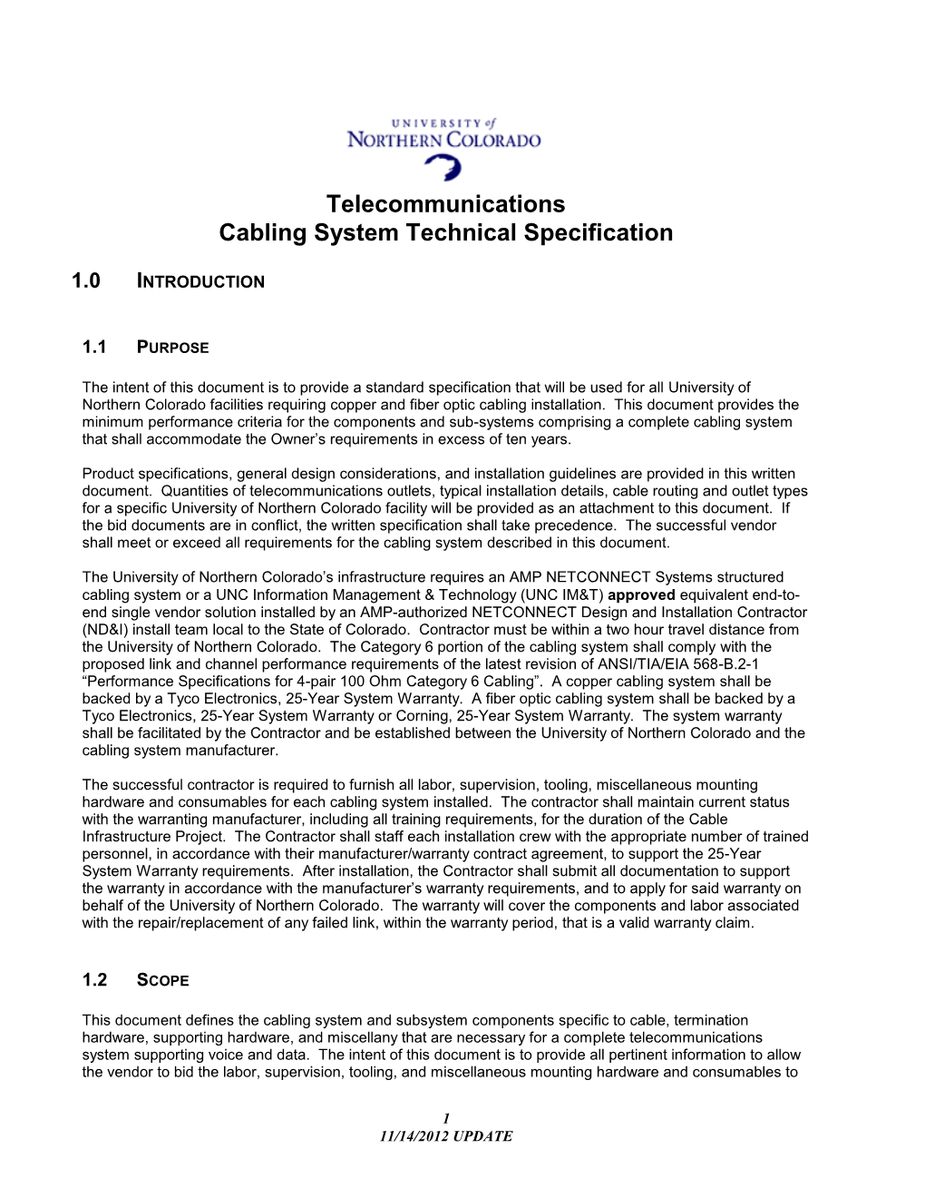 Telecommunications Cabling System Technical Specification