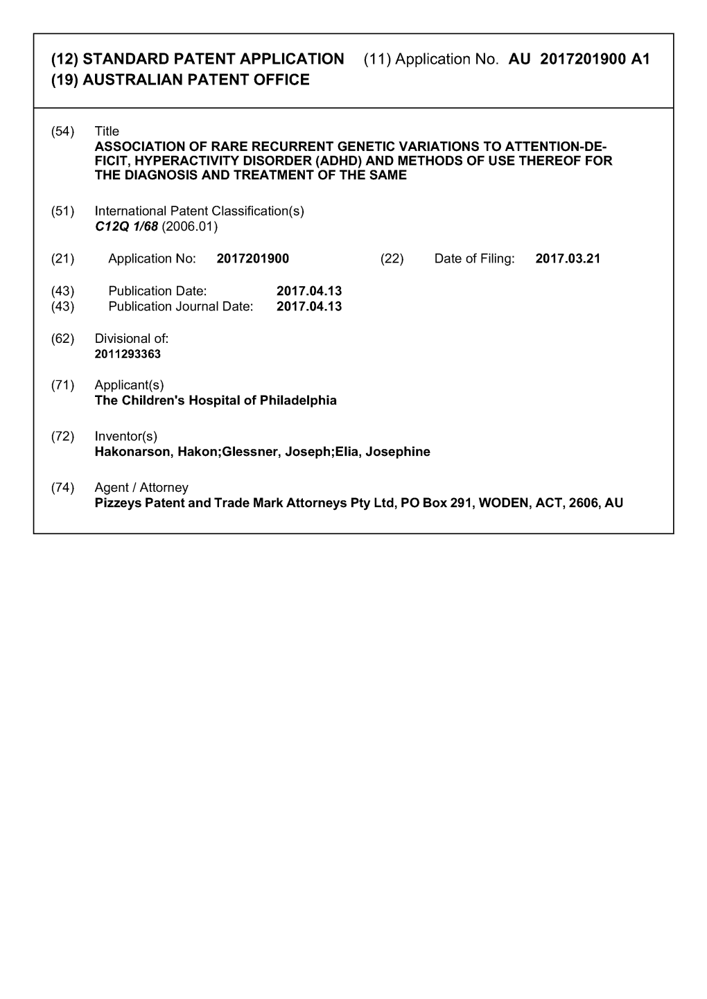 (12) STANDARD PATENT APPLICATION (11) Application No. AU 2017201900 Al (19) AUSTRALIAN PATENT OFFICE