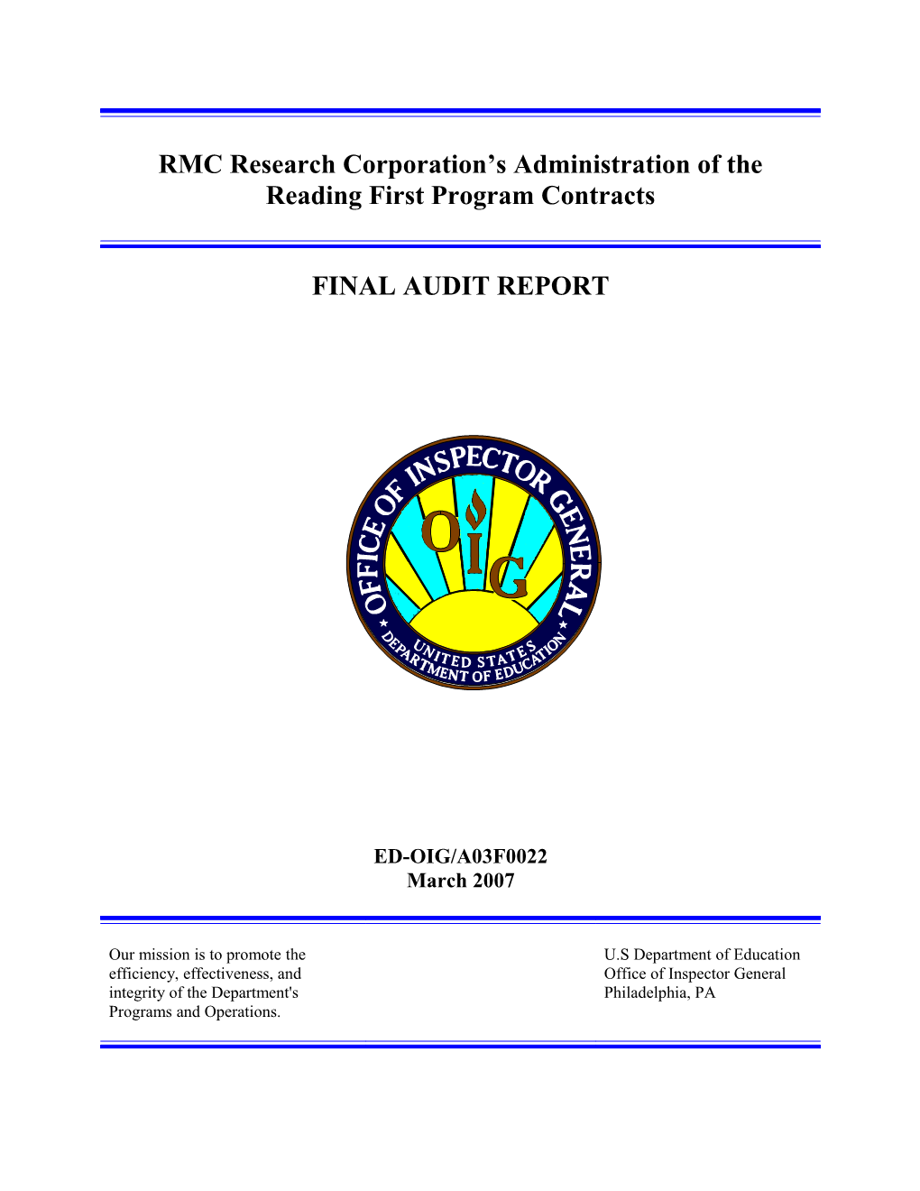 RMC Research Corporation S Administration of the Reading First Program Contracts (MS Word)