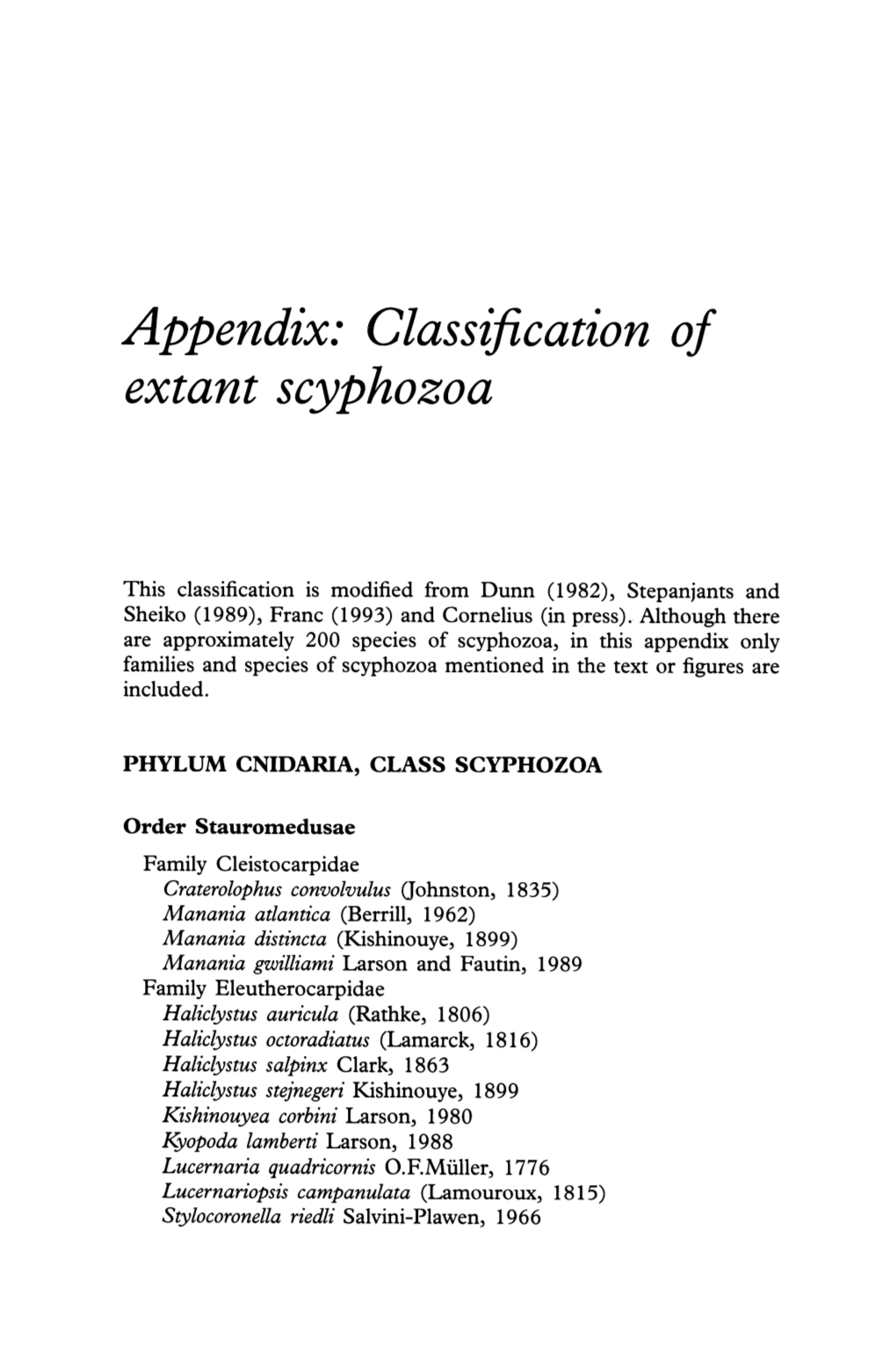 Appendix: Classification of Extant Scyphozoa