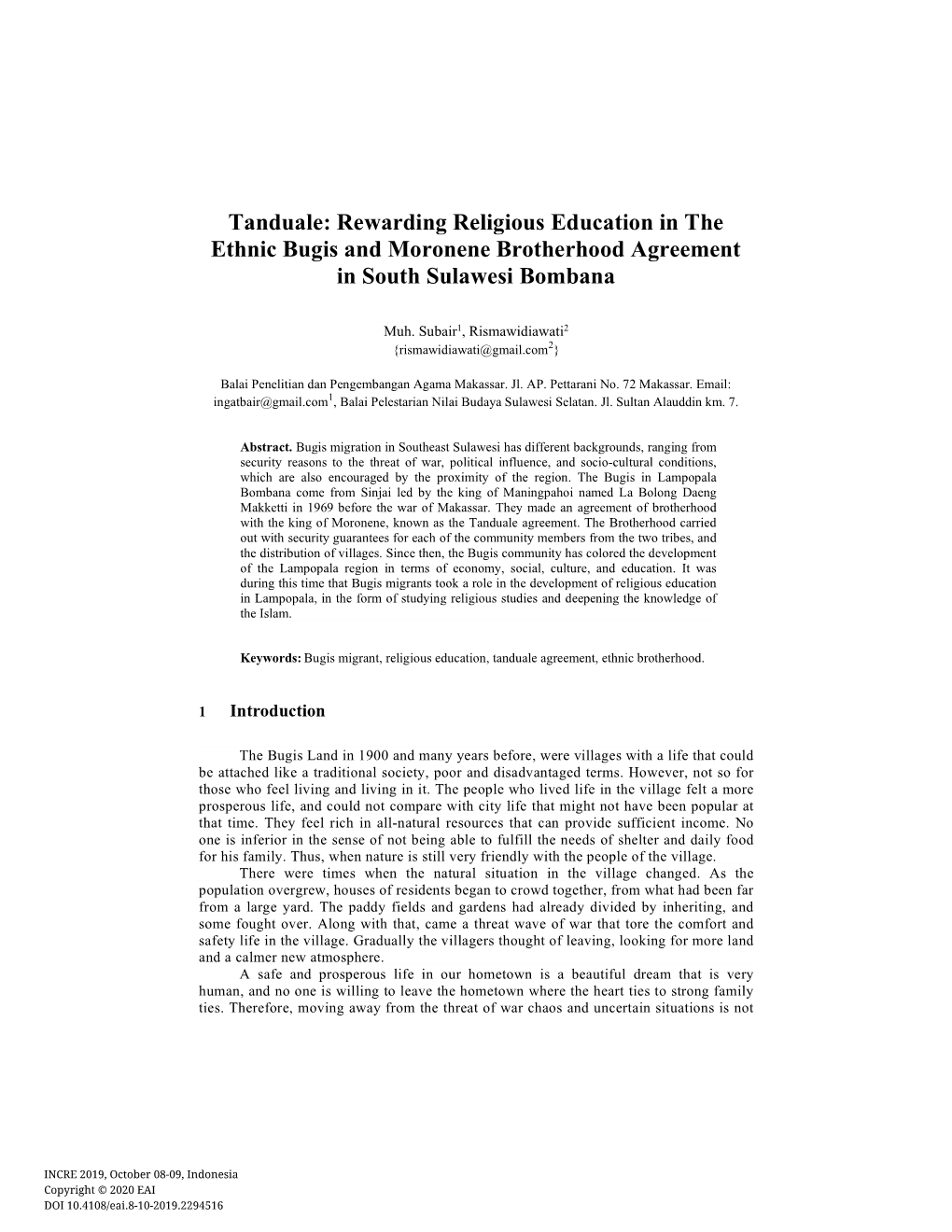 Rewarding Religious Education in the Ethnic Bugis and Moronene Brotherhood Agreement in South Sulawesi Bombana