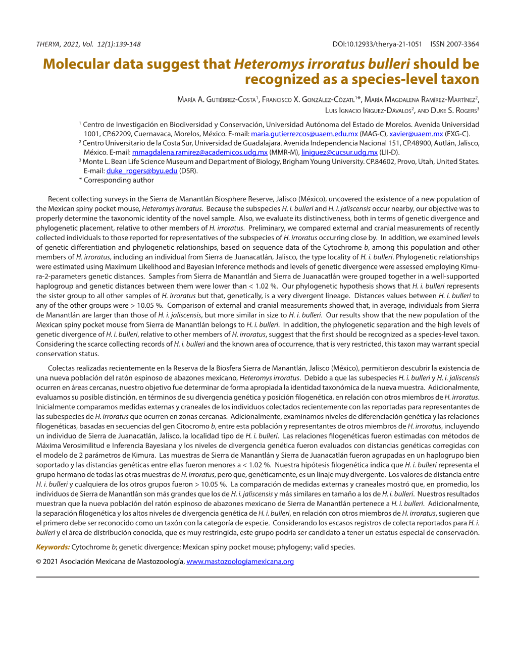 Molecular Data Suggest That Heteromys Irroratus Bulleri Should Be Recognized As a Species-Level Taxon