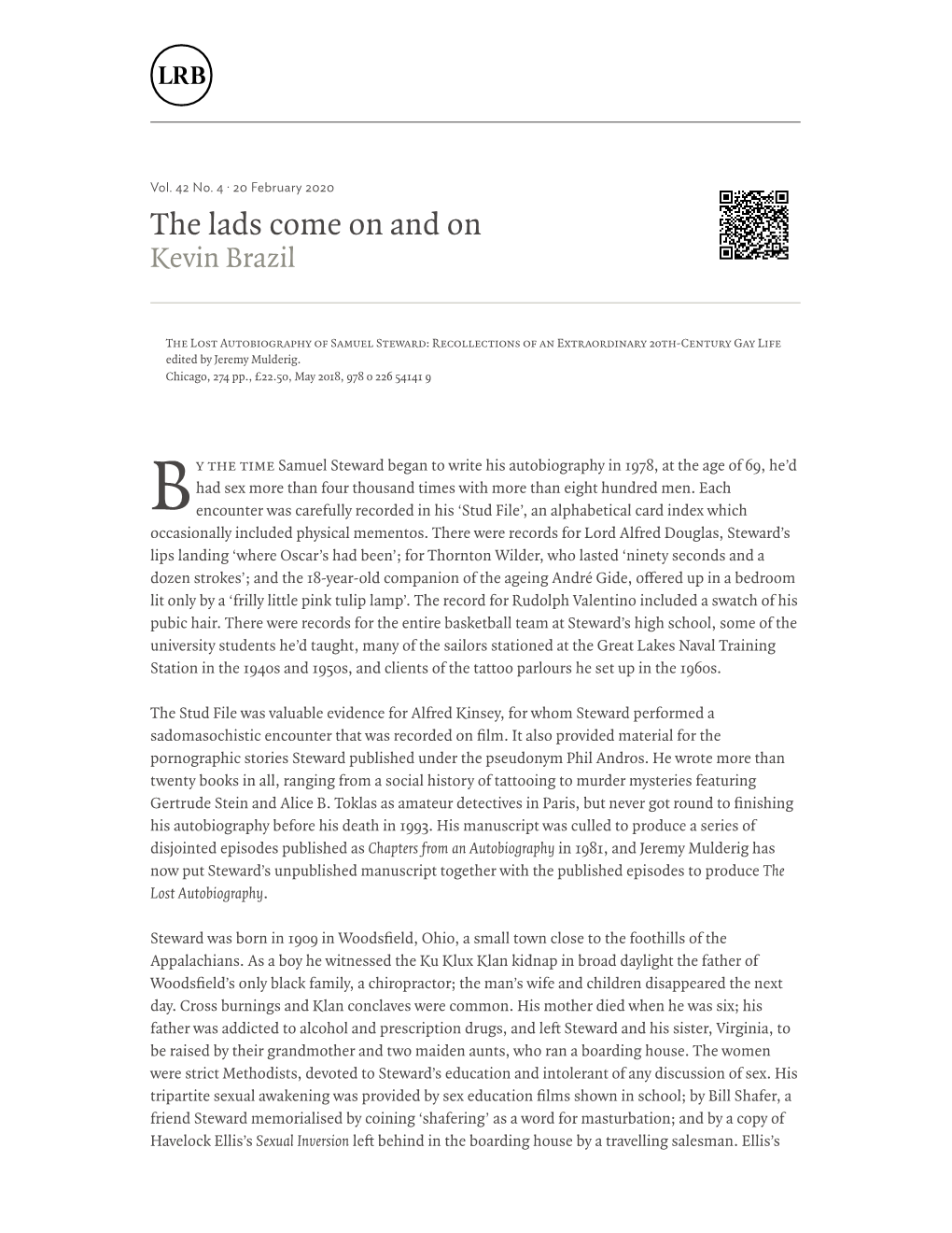 Kevin Brazil · the Lads Come on and on the Stud File · LRB 9 February