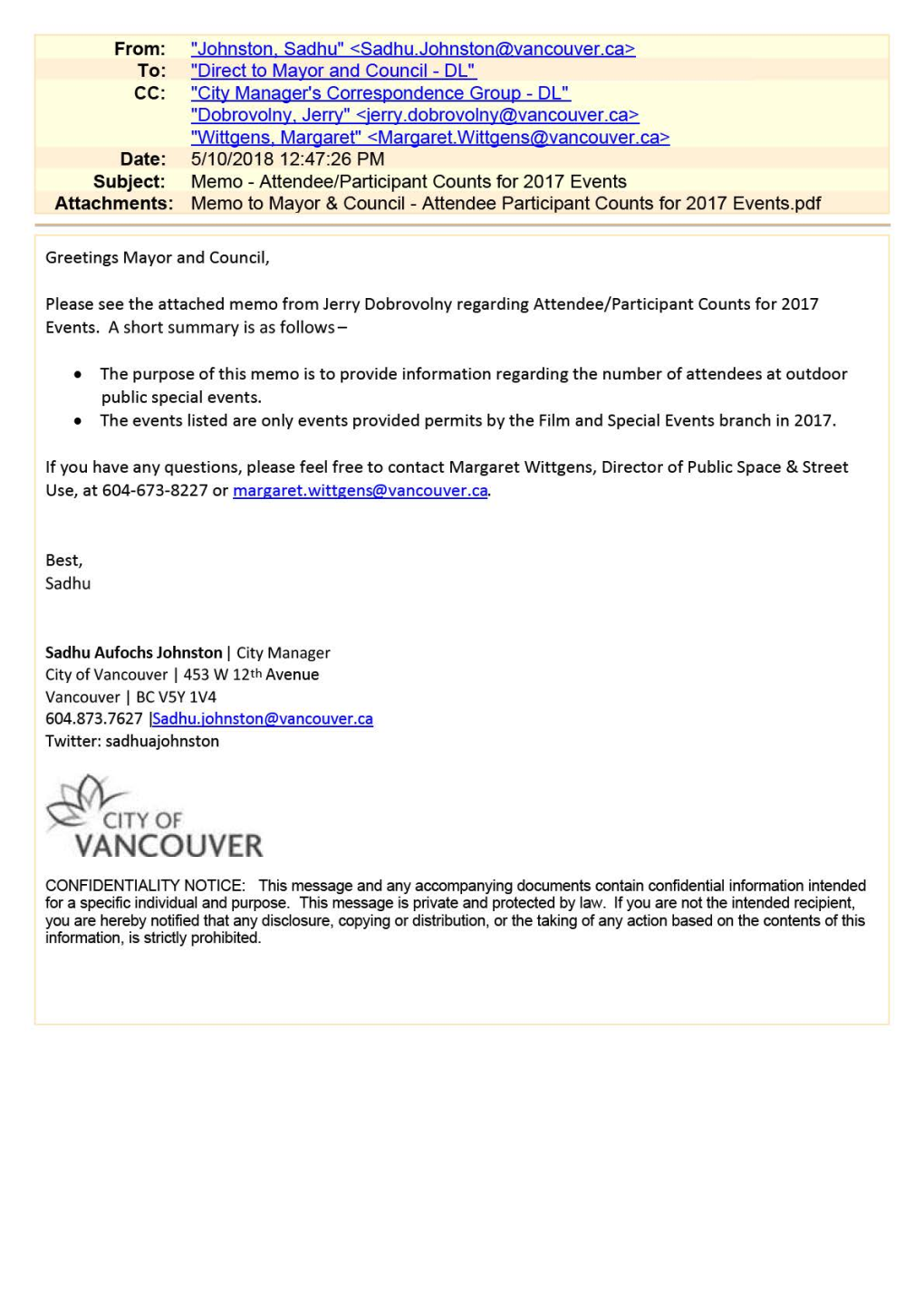 Attendee/Participant Counts for 2017 Events Attachments: Memo to Mayor & Council - Attendee Participant Counts for 2017 Events.Pdf