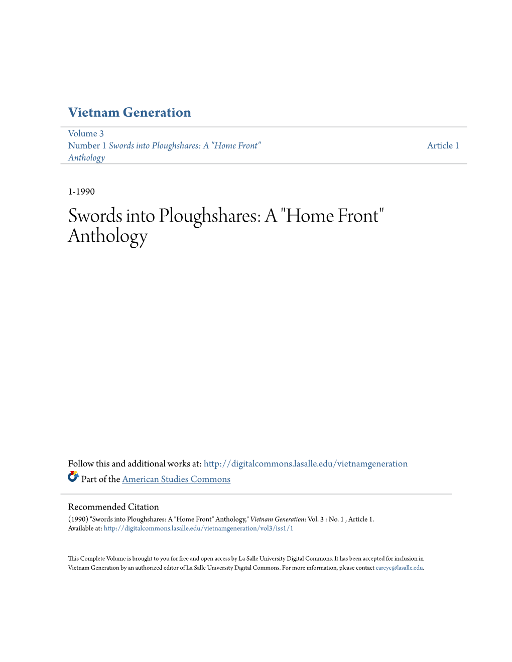 Swords Into Ploughshares: a "Home Front" Article 1 Anthology