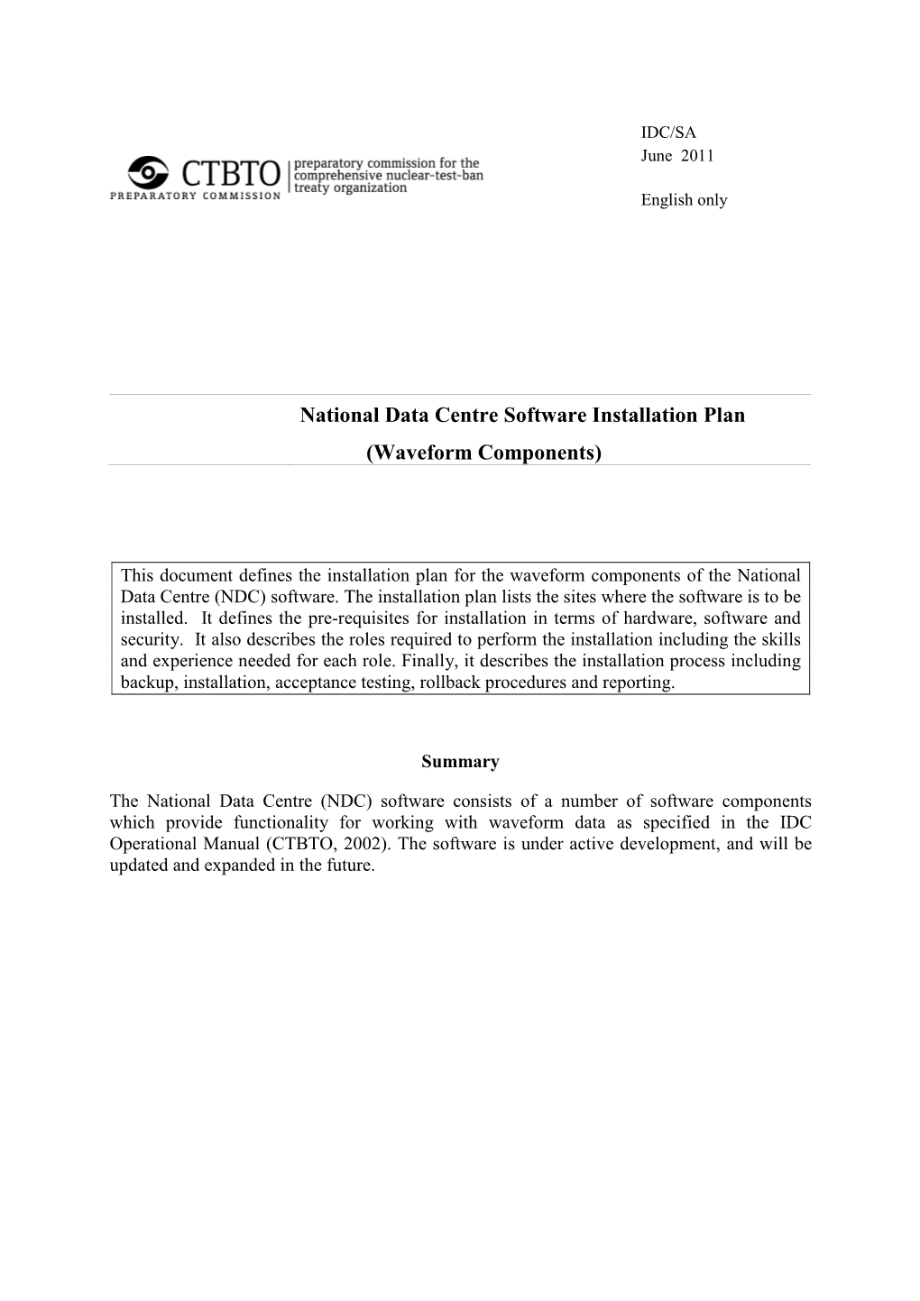 National Data Centre Software Installation Plan
