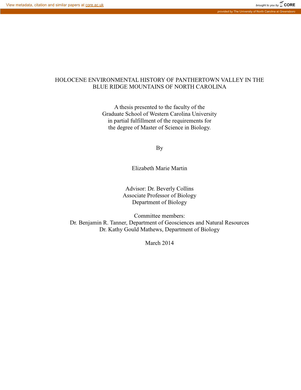 Holocene Environmental History of Panthertown Valley in the Blue Ridge Mountains of North Carolina