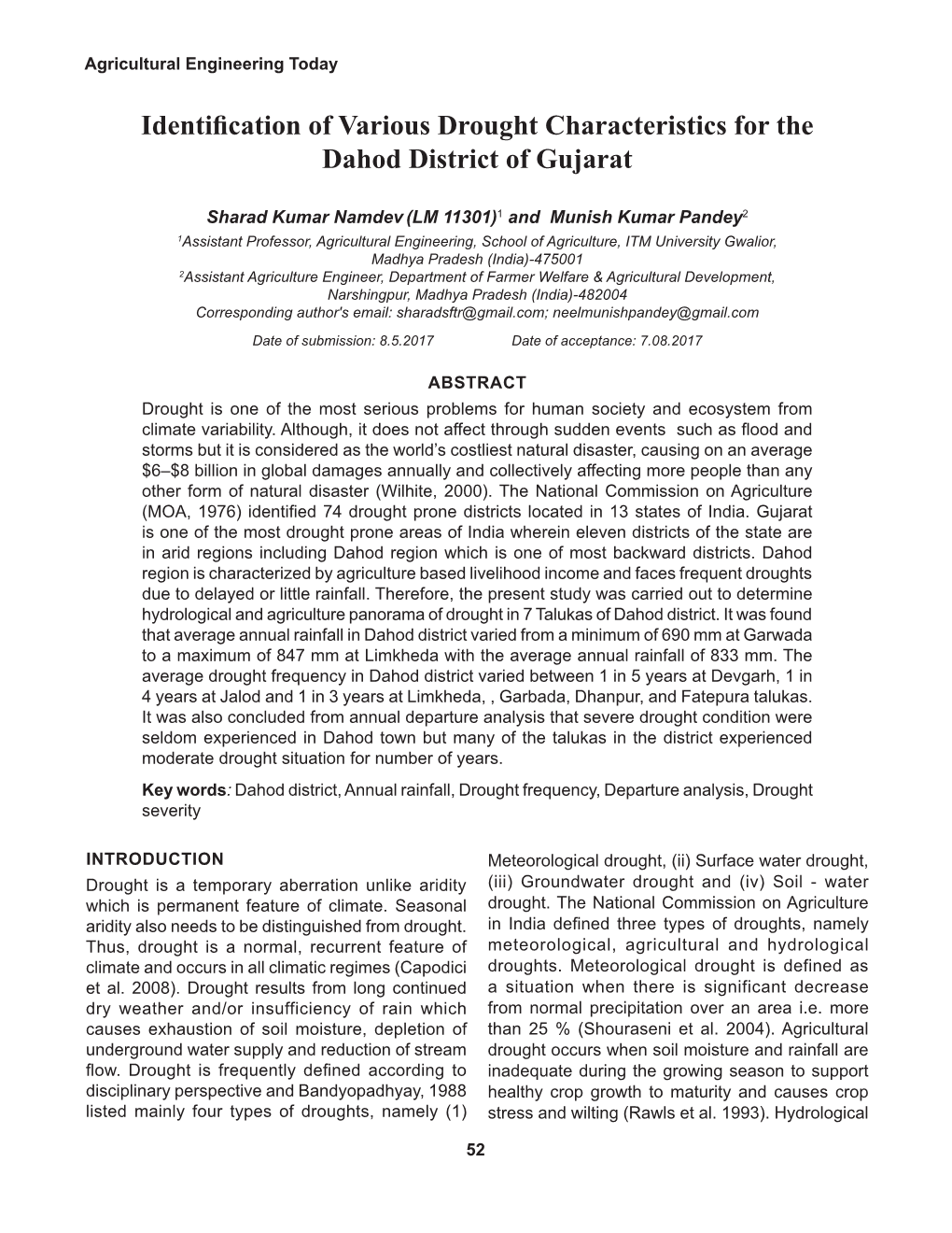 Identification of Various Drought Characteristics for the Dahod District of Gujarat