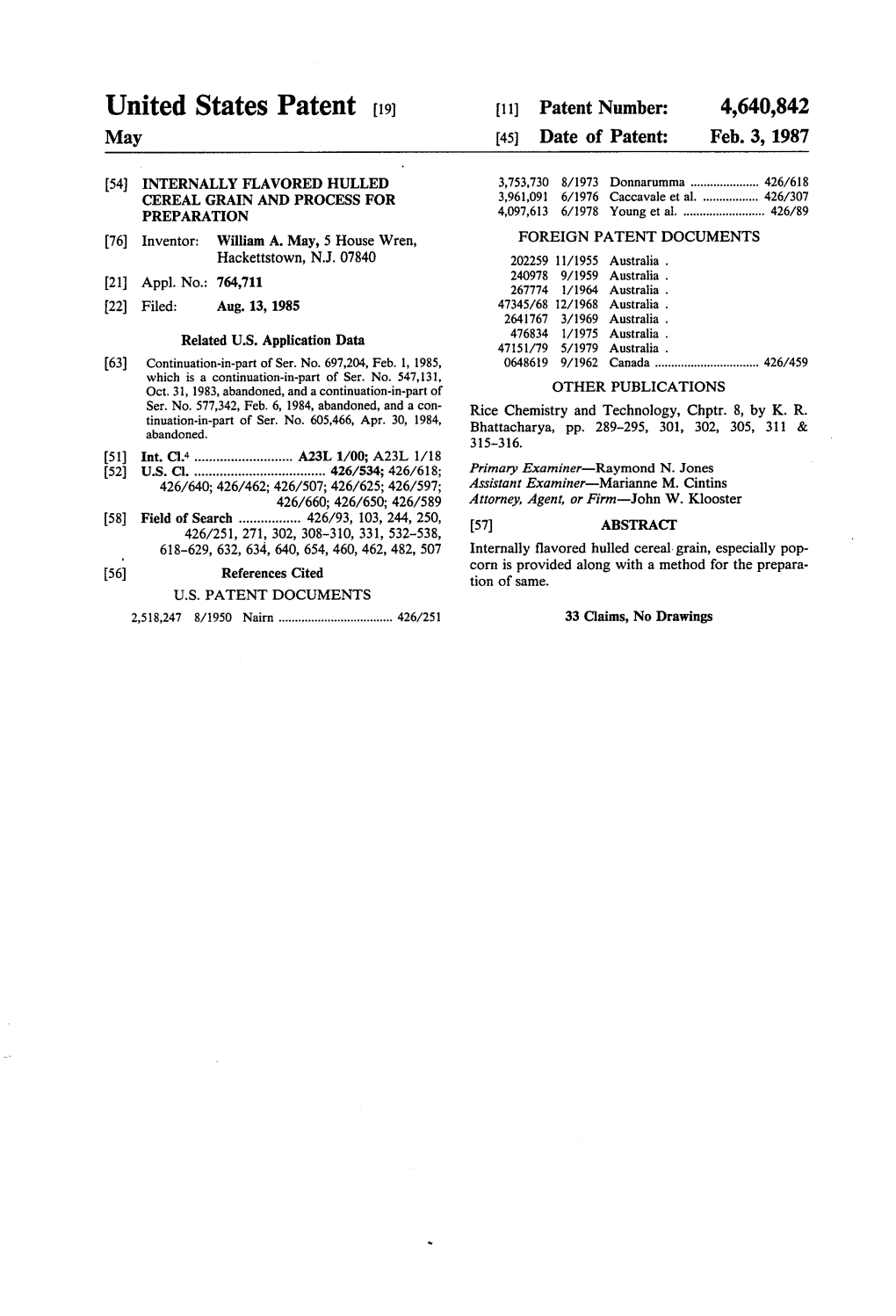 United States Patent (19) 11 Patent Number: 4,640,842 May 45 Date of Patent: Feb